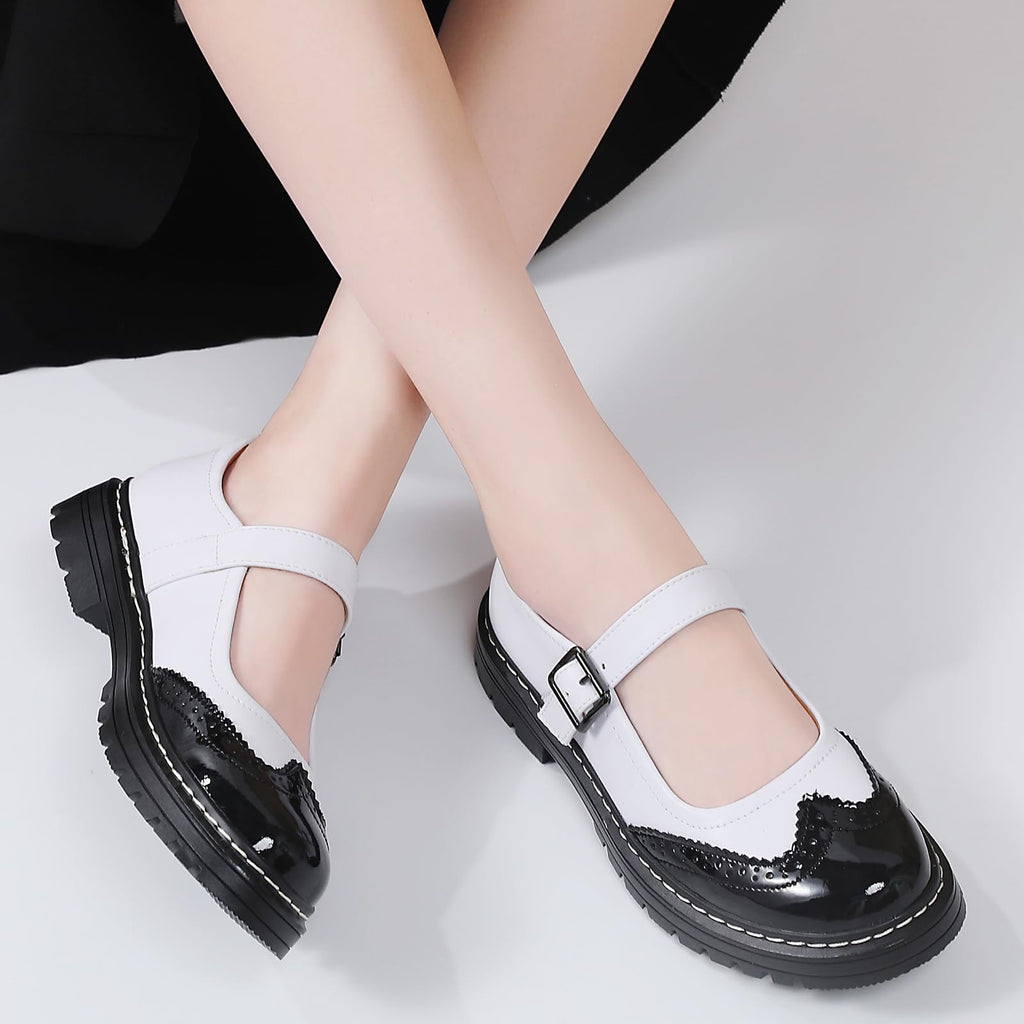 Mary Jane Shoes Women Platform Non-Slip Classics Round Toe Ankle Strap Comfort Casual Oxford Dress Work Mary Jane Flat Shoes