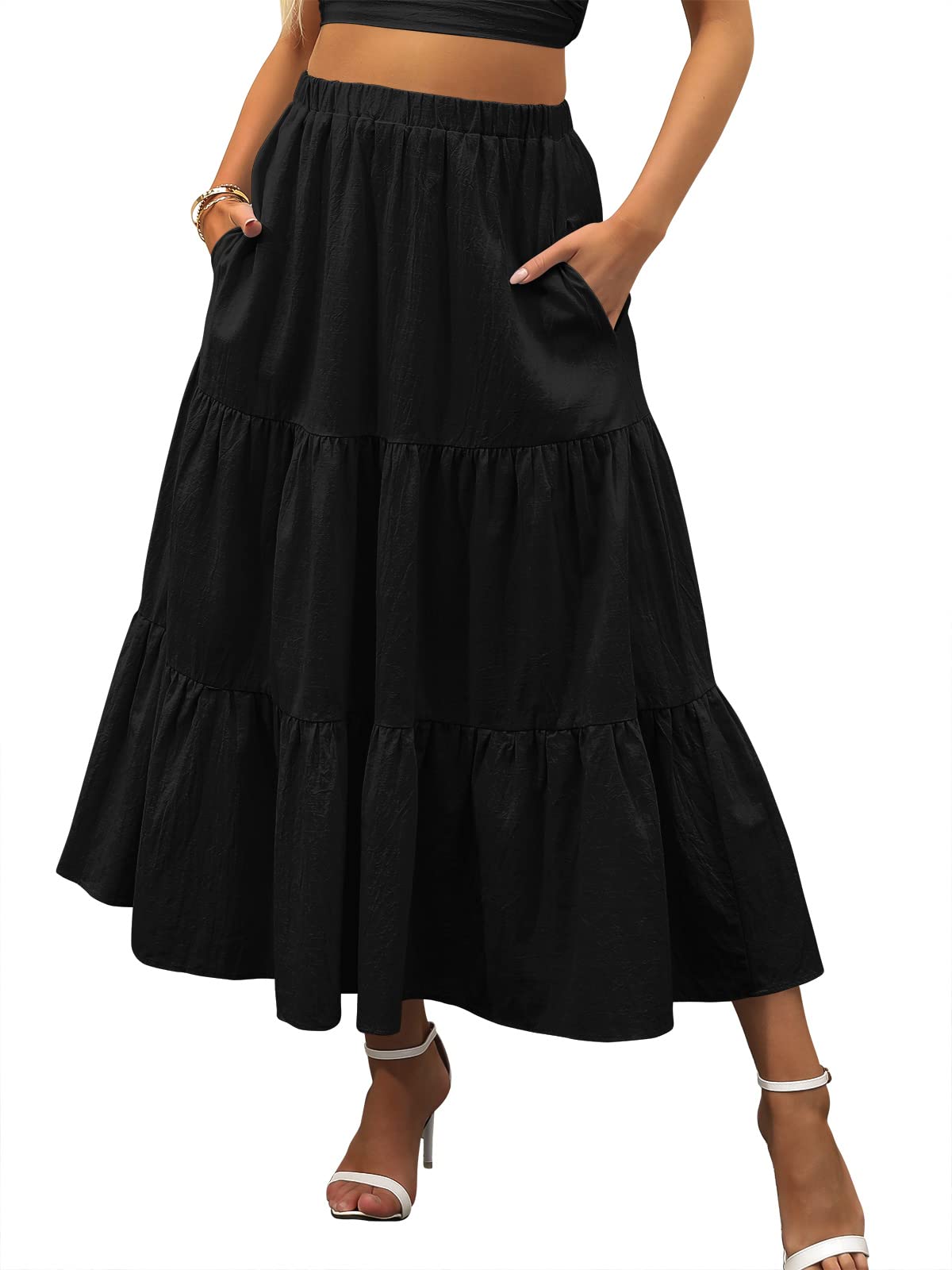 ANRABESS Women’s Summer Boho Flowy Swing Tiered A-Line Maxi Skirt 2026 Fashion Trendy Elastic Waist Pleated Long Beach Dress