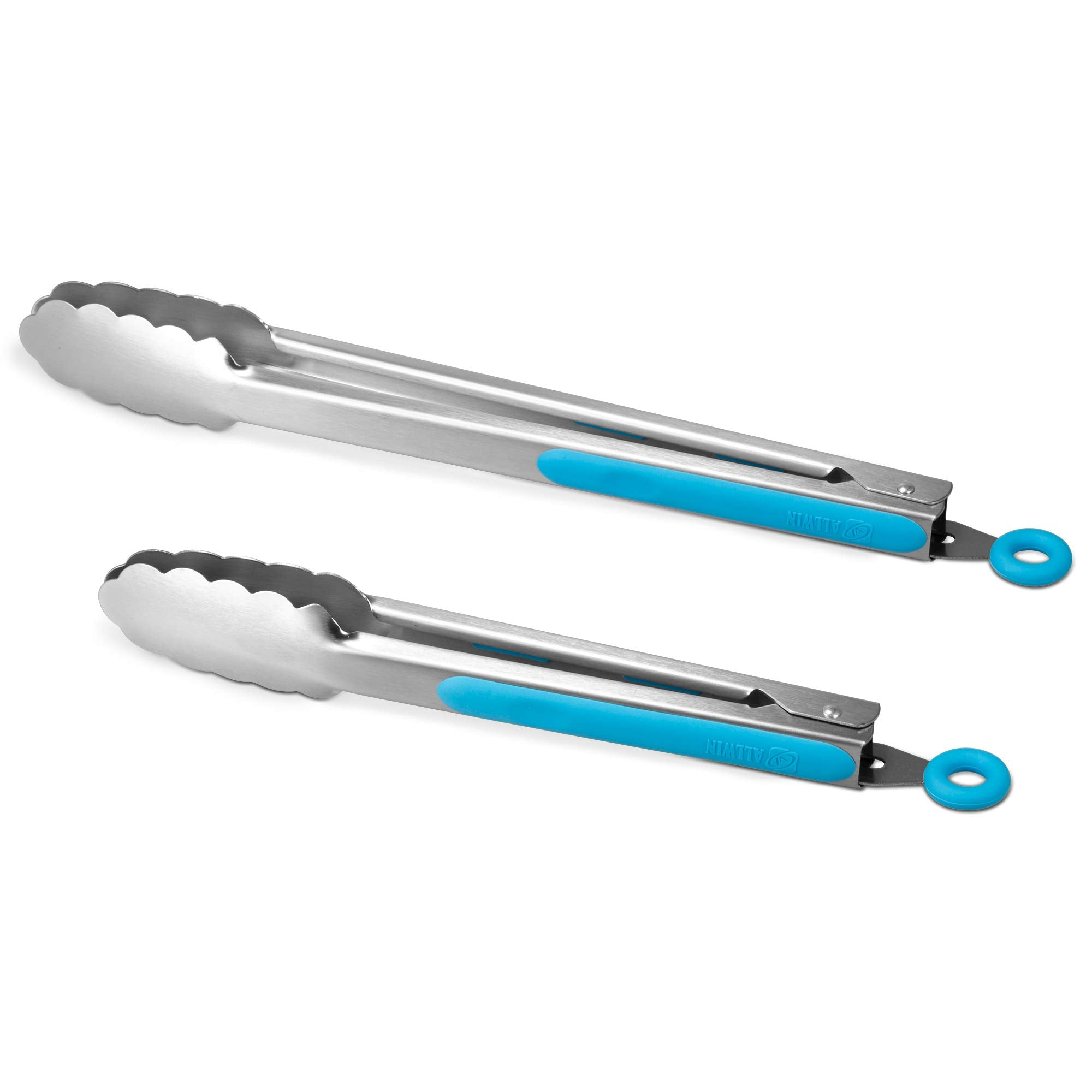 304 Stainless Steel Kitchen Cooking Tongs, 9" and 12" Set of 2 Sturdy Grilling Barbeque Brushed Locking Food Tongs with Ergonomic Grip, Black