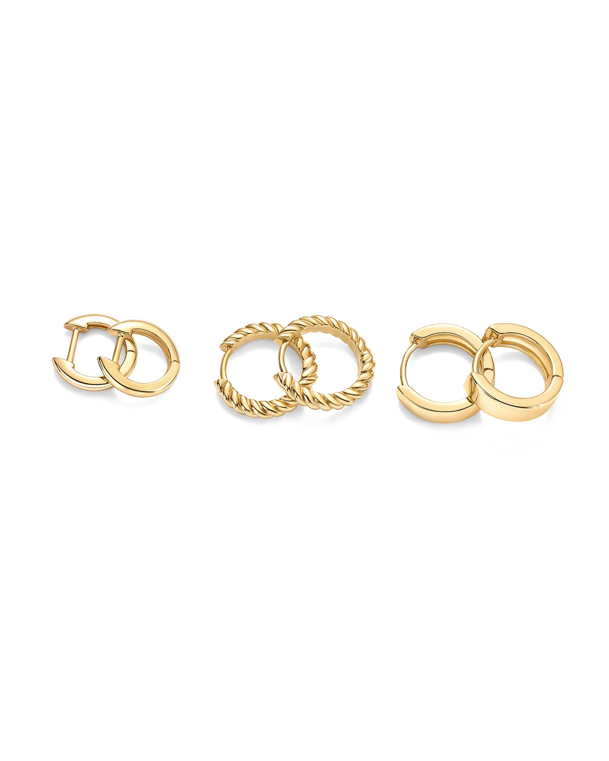 PAVOI Gold Hoop Earrings for Women - 14K-18K Yellow Gold Plated 925 Sterling Silver - Hypoallergenic 3-Pair Small Hoop Earings Set with Cubic Zirconia - Rope Teardrop & Chunky Huggie Styles Earscape Piercings
