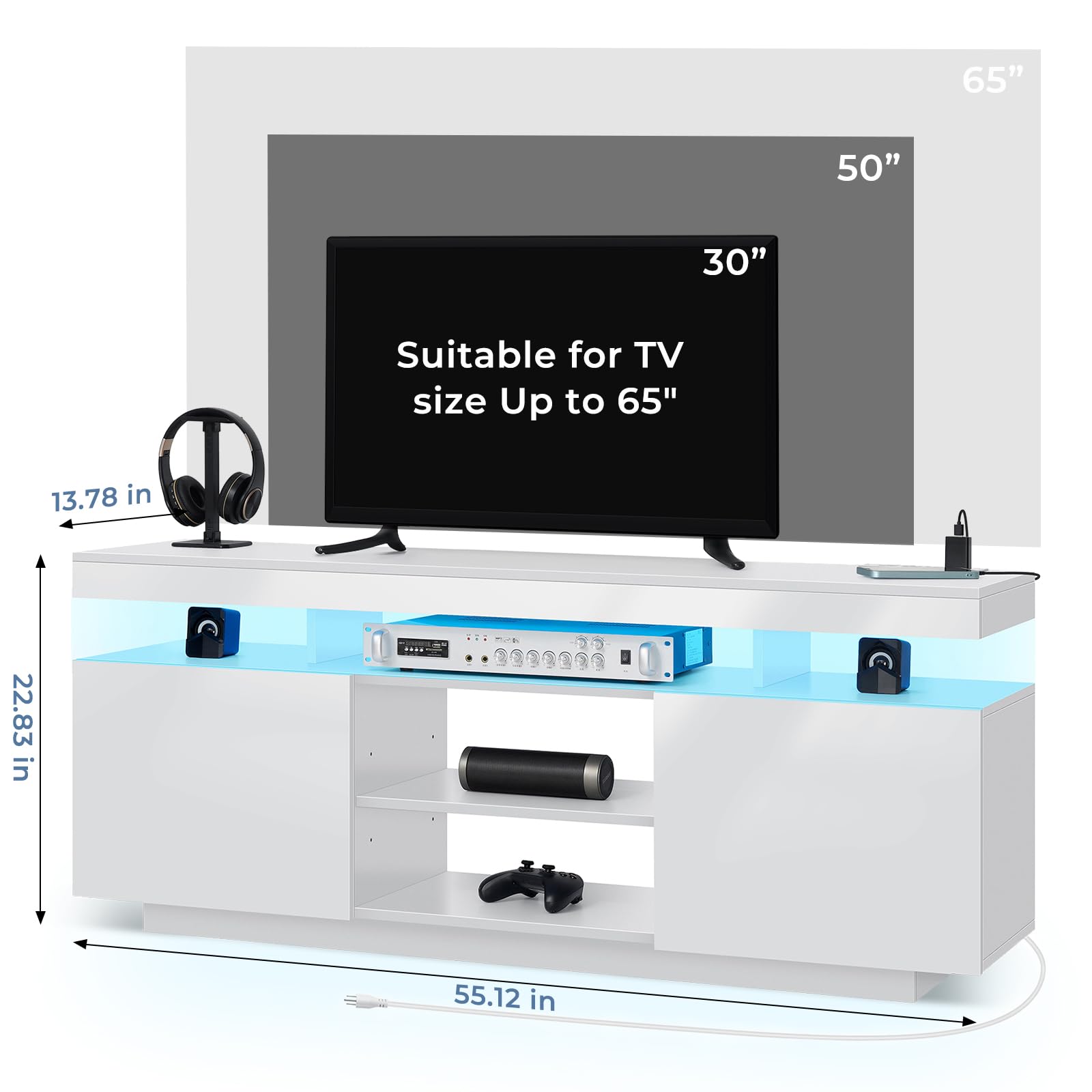 HOMMPA Modern LED TV Stand for 55 Inch TV, Black Tall TV Console with Power Outlet, Entertainment Center with Storage, High Gloss Gaming Media Console Cabinet for Living Room (47 Inch)