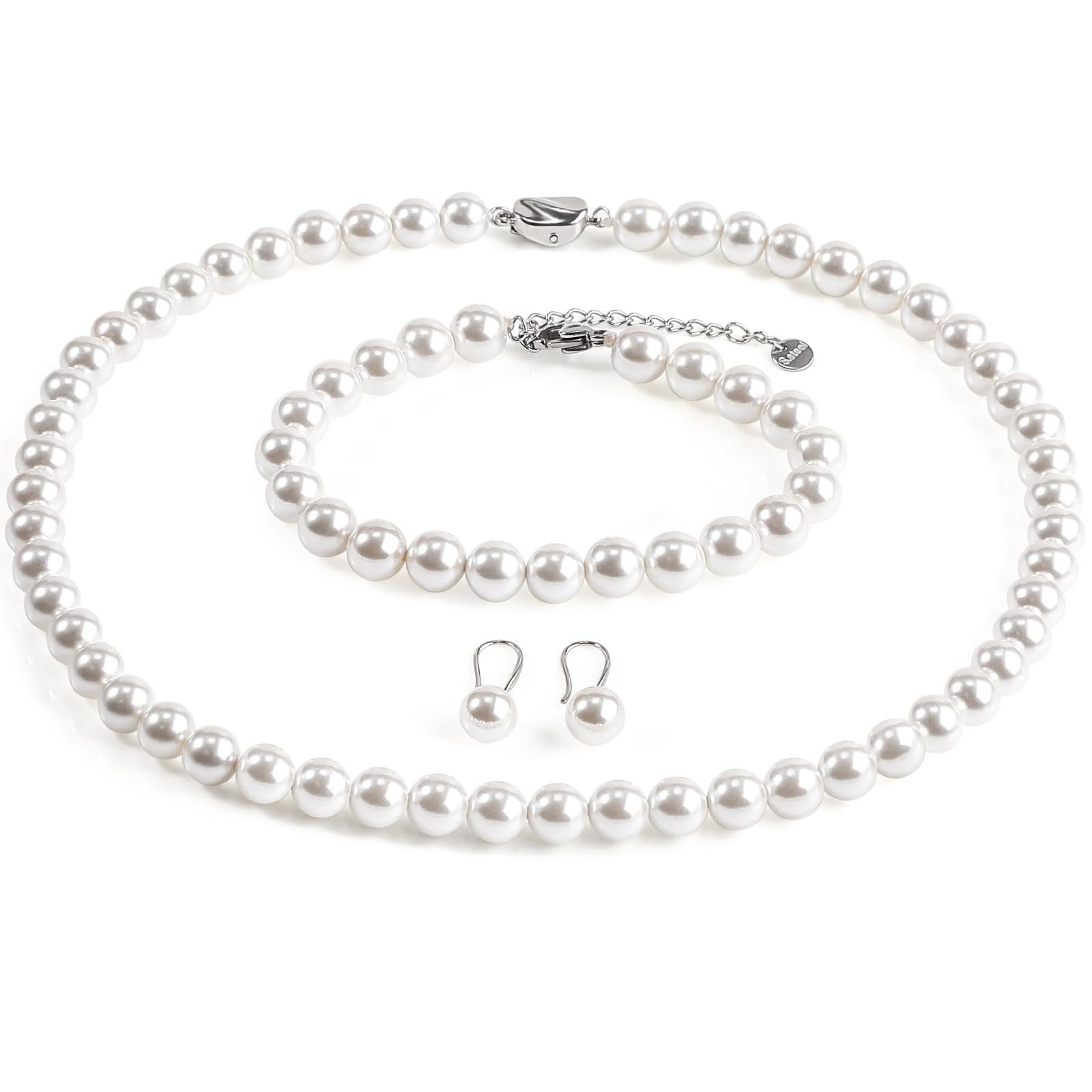 AOOVOO Pearl Necklace Set for Women, 8mm Round Shell Pearl Includes Stunning Bracelet and Dangle Earrings 3 Piece Jewelry, Birthday Christmas Gift for Mom Wife Sister Best Friend, Gift Box