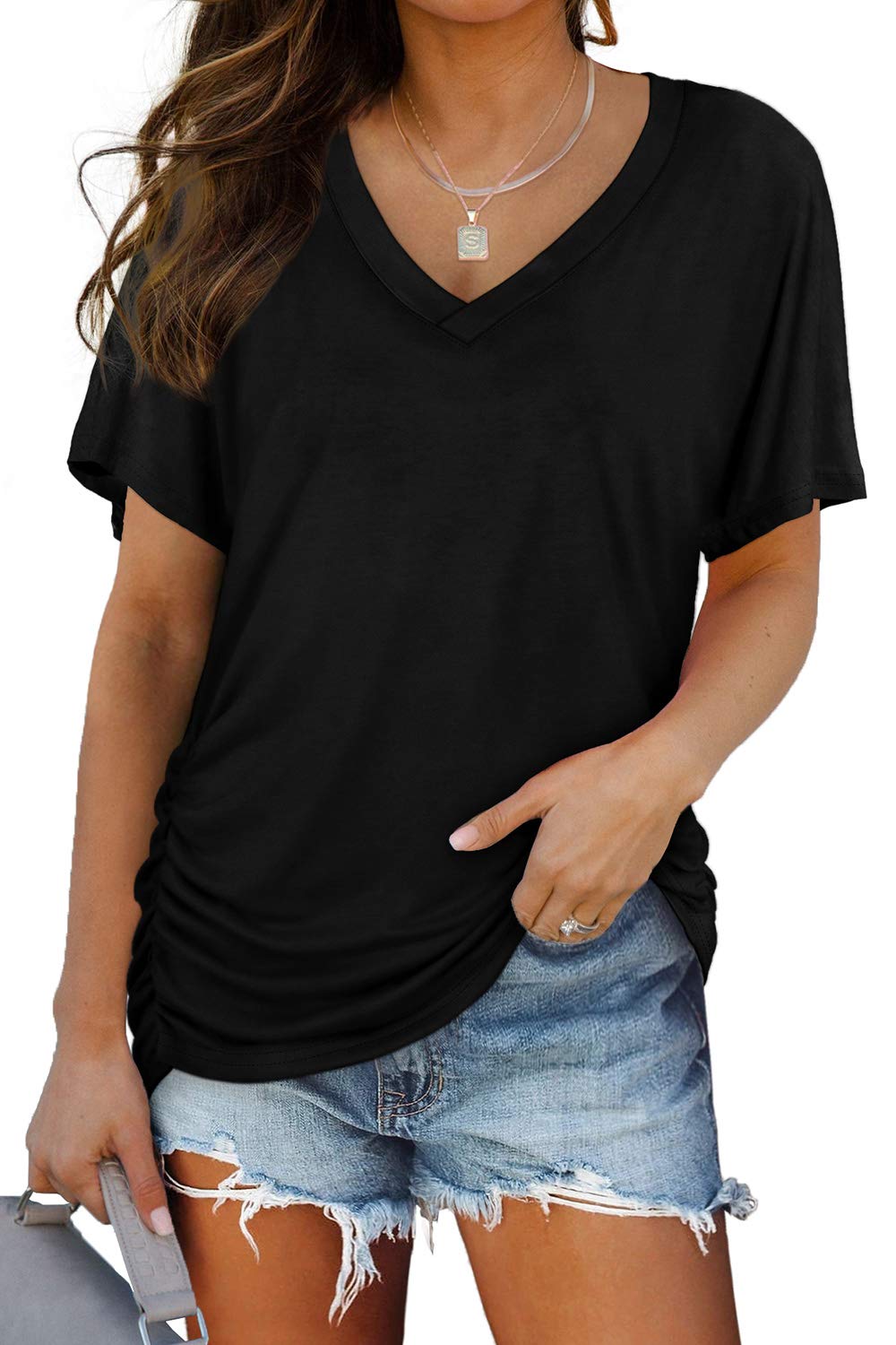 WIHOLL Womens Summer T-Shirts Short Sleeve V Neck Dolman Tops with Side Shirring Loose Fit Shirts Spring Fashion