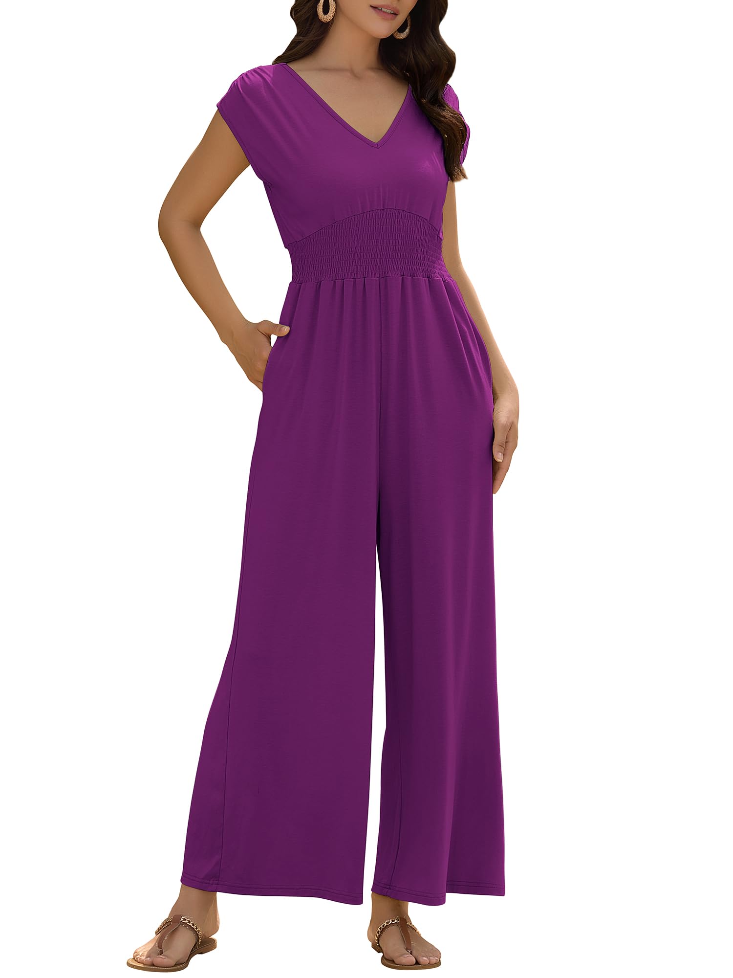 ZAFUL Womens Summer Jumpsuits 2026 Smocked Waist Dressy Casual One Piece Outfits with Pockets