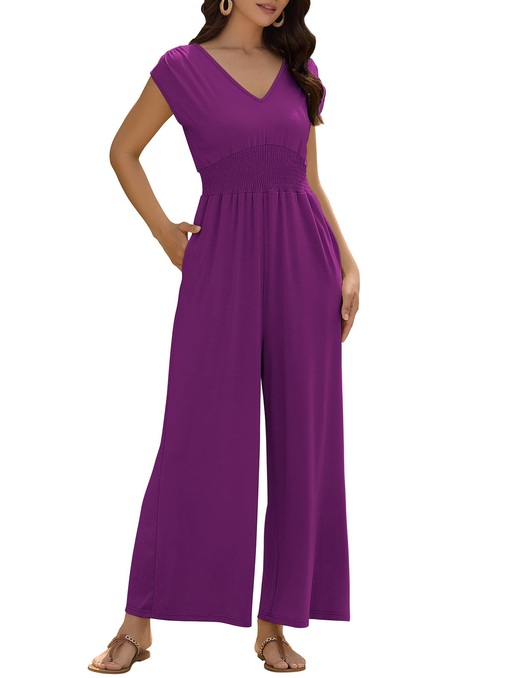 ZAFUL Womens Summer Jumpsuits 2026 Smocked Waist Dressy Casual One Piece Outfits with Pockets