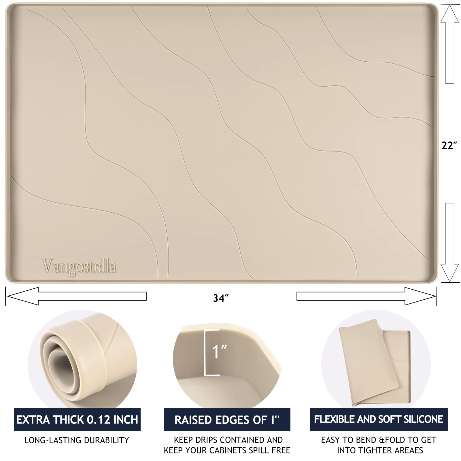 Heavy Duty Silicone Under Sink Mats for Kitchen Waterproof 19" x 19", Extra Thick Under Sink Rubber Mat Drip Tray, Raised Edge Under Sink Liner,Prevent Drips, Leaks, Spills,Beige
