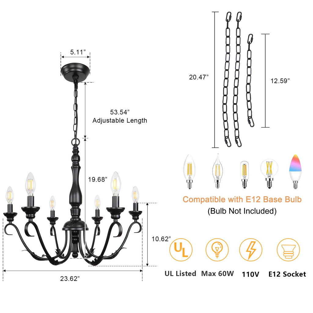 6-Light Farmhouse Chandeliers for Dining Room, 23.62'' Vintage Brass Gold Chandelier, Adjustable Rustic Metal Hanging Pendant Light Fixture for Kitchen Island Entryway Foyer Bedroom Hallway