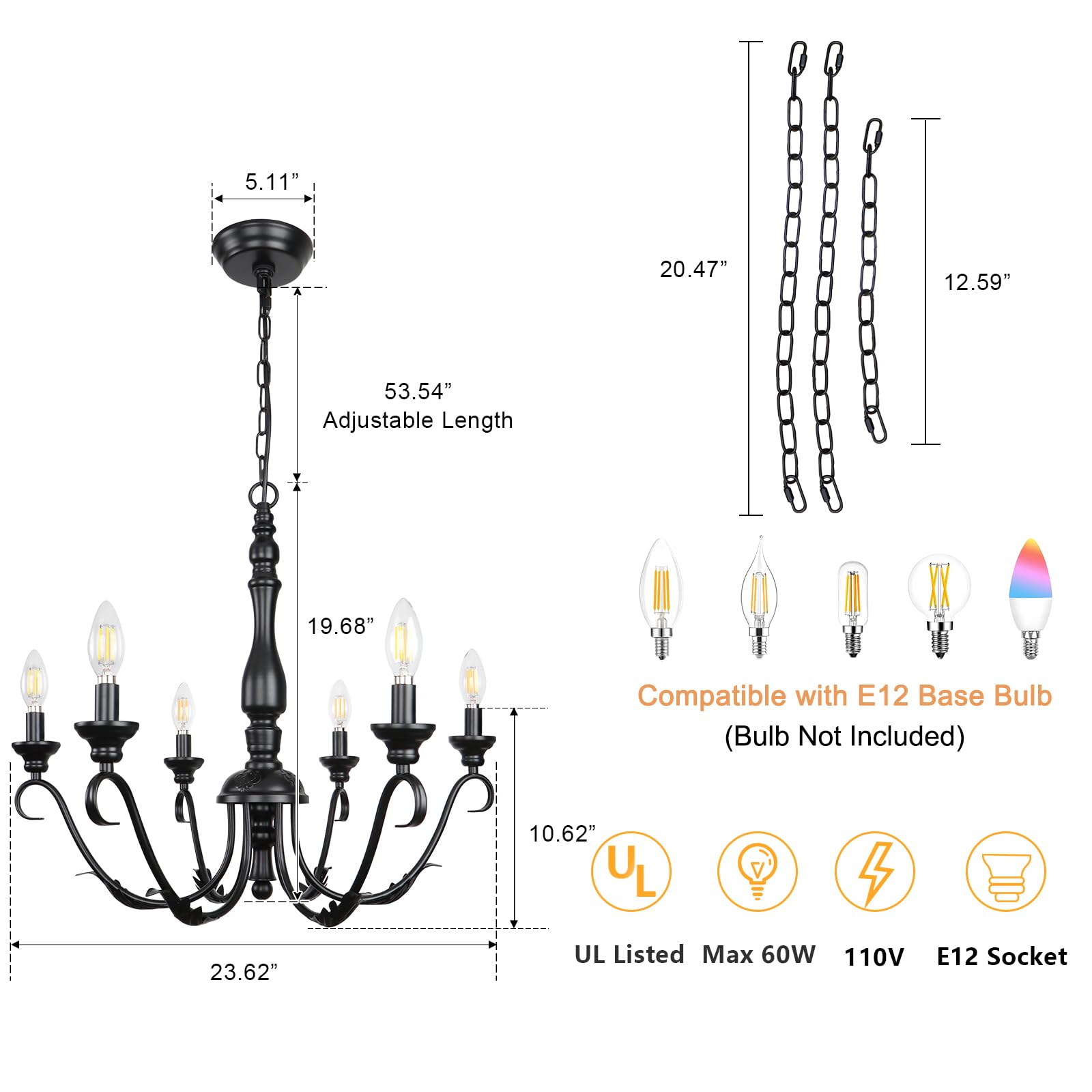 6-Light Farmhouse Chandeliers for Dining Room, 23.62'' Vintage Brass Gold Chandelier, Adjustable Rustic Metal Hanging Pendant Light Fixture for Kitchen Island Entryway Foyer Bedroom Hallway