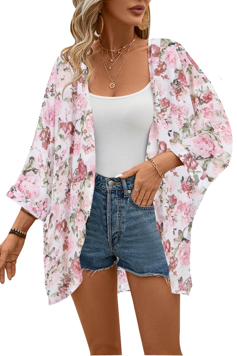 olrain Women's Floral Print Sheer Chiffon 3/4 Bat Sleeve Casual Loose Kimono Cardigan Capes