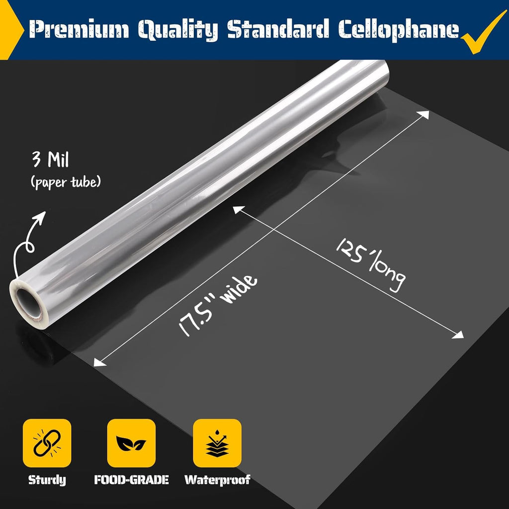 Vanhench Clear Cellophane Wrap, 16" x 200' 3Mil Thick Cellophane Wrap Roll for Gift Basket Treats Goodie Bouquet Flower Wrapping, Clear Plastic Wrap for Gifts Table Covering Packing Supplies
