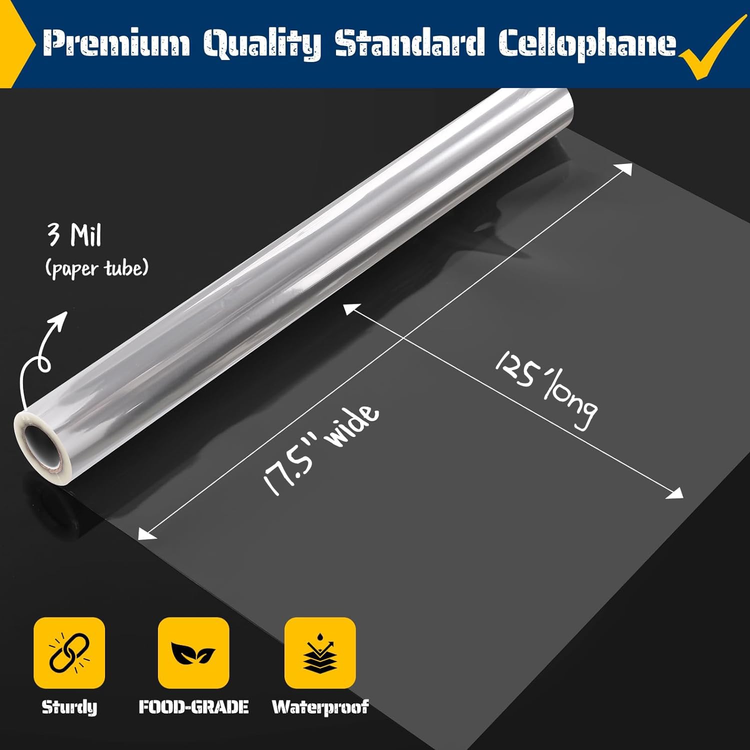 Vanhench Clear Cellophane Wrap, 16" x 200' 3Mil Thick Cellophane Wrap Roll for Gift Basket Treats Goodie Bouquet Flower Wrapping, Clear Plastic Wrap for Gifts Table Covering Packing Supplies