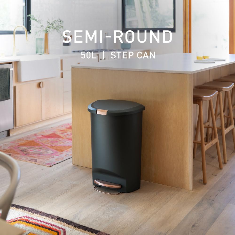 simplehuman 50 Liter / 13 Gallon Semi-Round Kitchen Step Trash Can with Secure Slide Lock, Black Plastic