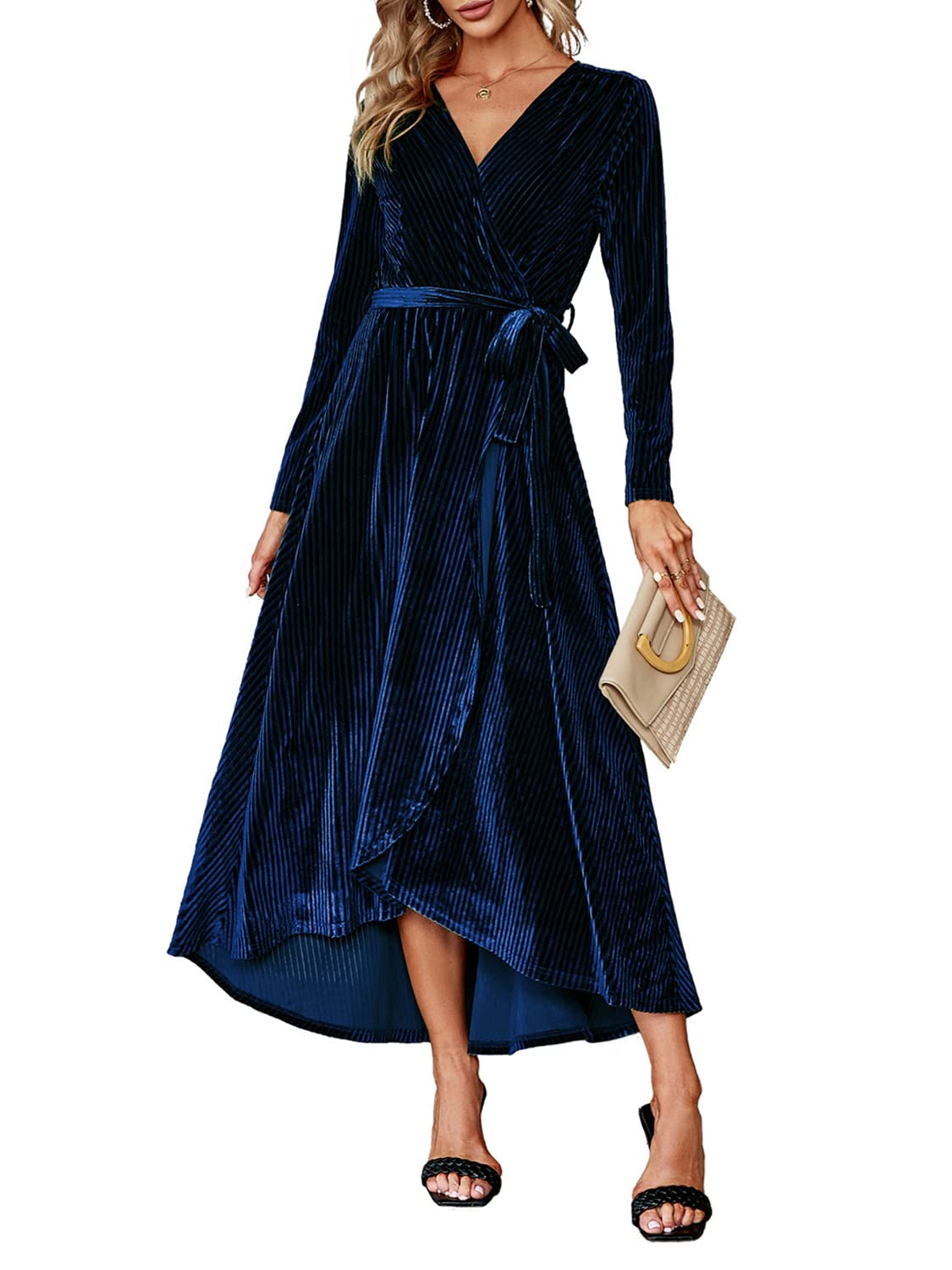 BerryGo Women's Velvet V Neck Wrap Semi Formal Dress Cocktail Party Maxi Dress for Wedding Guest