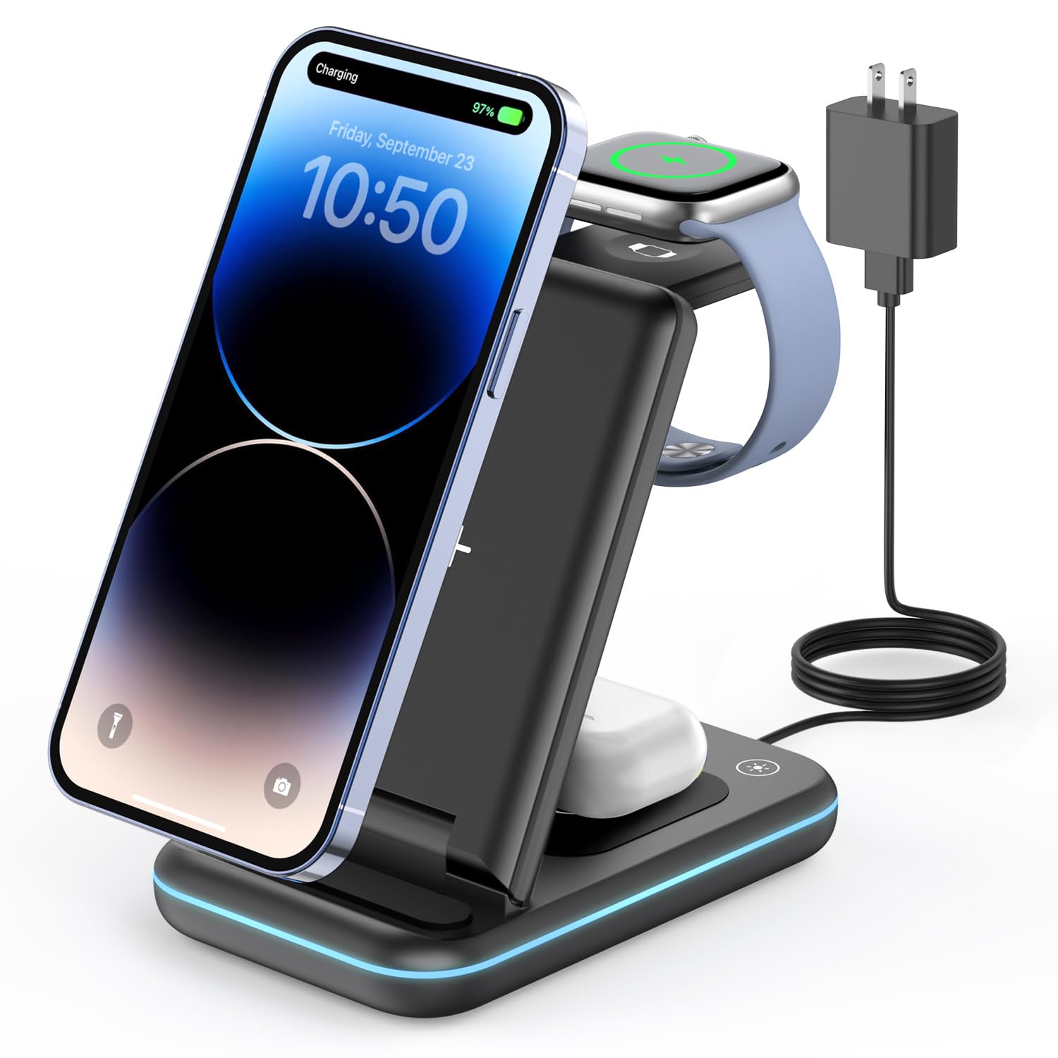 GEEKERA 3 in 1 Wireless Charging Station, Foldable Wireless Charger Stand for Multiple Apple Devices for iPhone 17 16-8, Apple Watch Ultra//11/10/9/SE/8/7/6/5, AirPods Pro/4/3/2