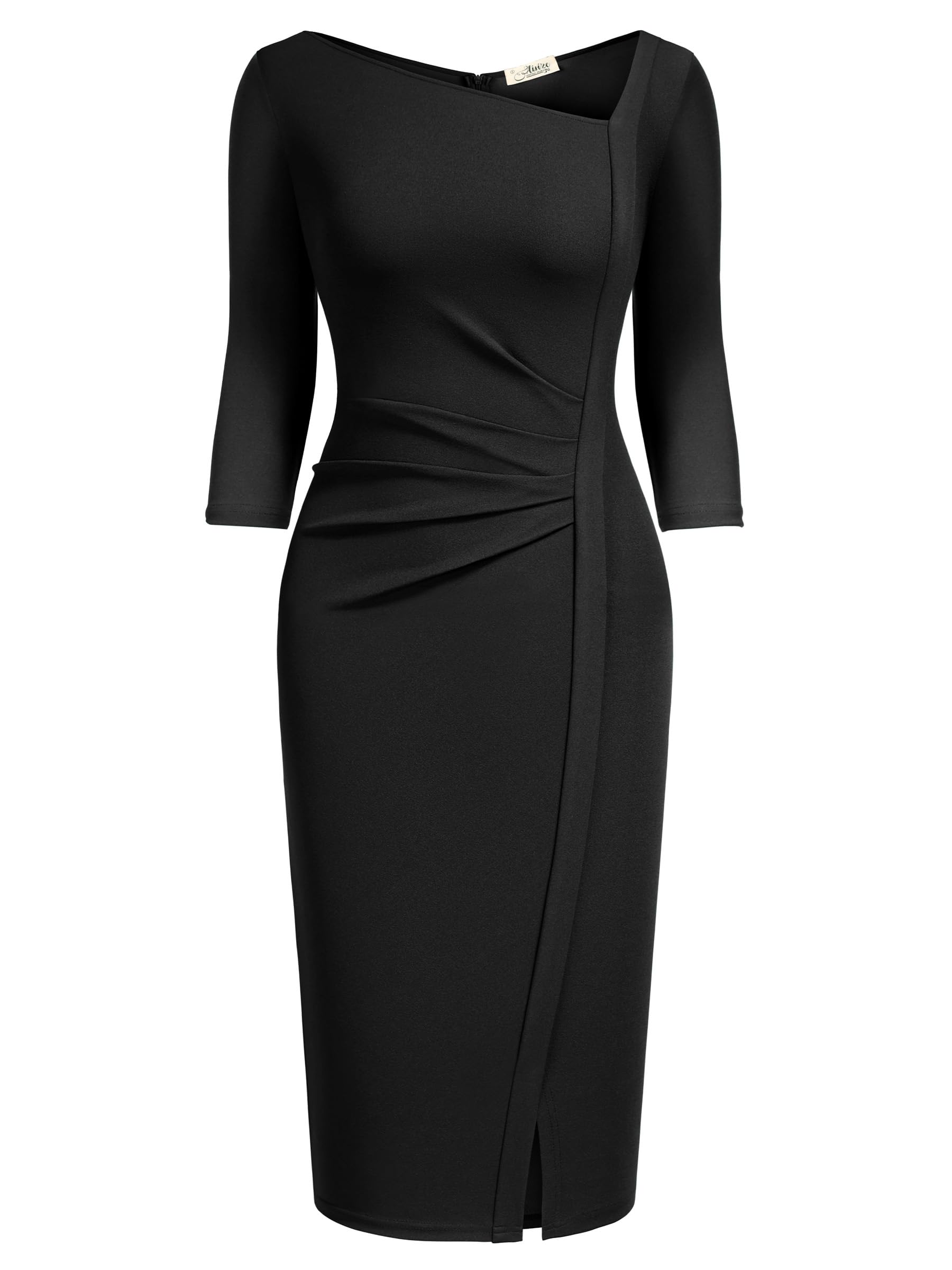 AISIZE Women's Retro 3/4 Sleeve Ruched Elegant Business Pencil Sheath Dress