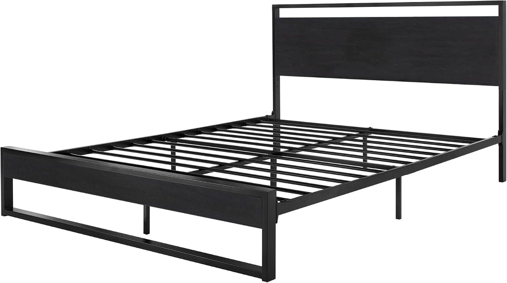 SHA CERLIN Full Size Bed Frame with Wooden Headboard,Heavy Duty Metal Slats Support Platform,No Box Spring Needed,Modern Black