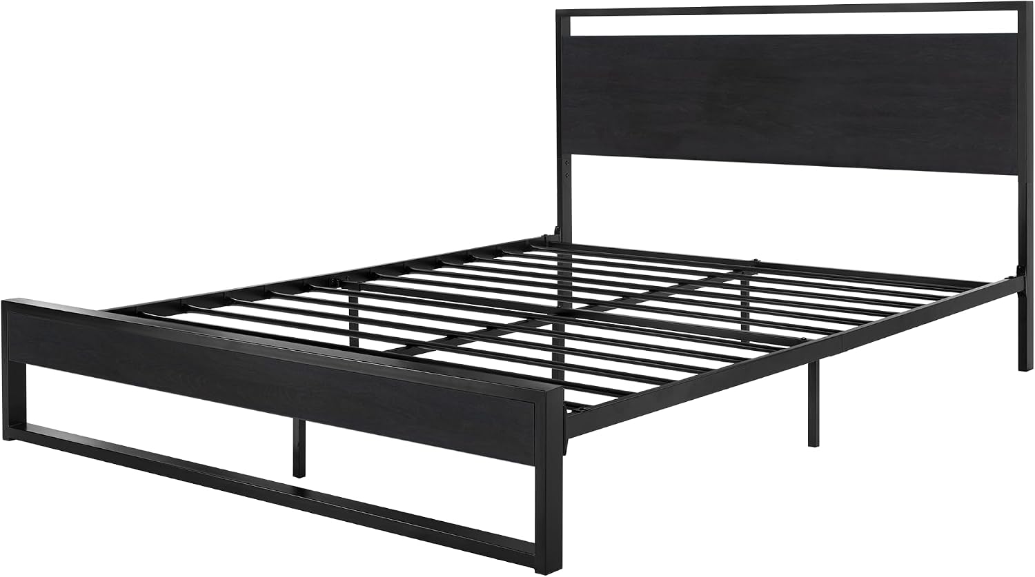 SHA CERLIN Full Size Bed Frame with Wooden Headboard,Heavy Duty Metal Slats Support Platform,No Box Spring Needed,Modern Black
