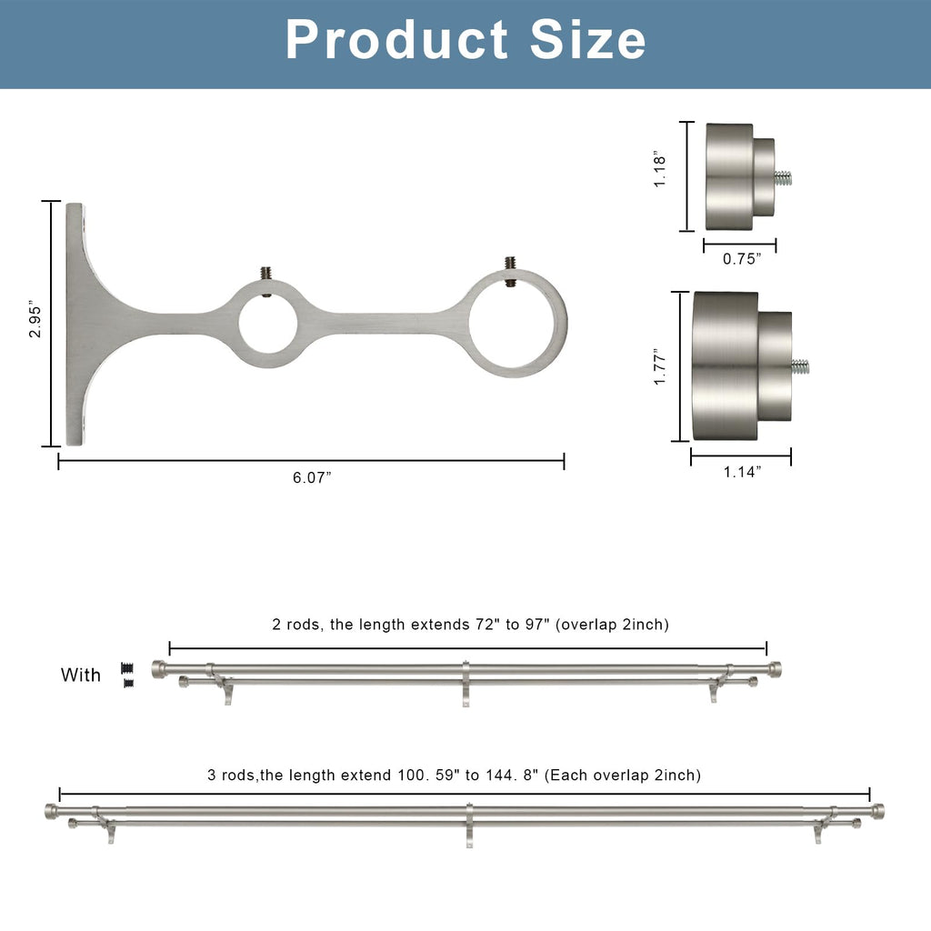 Heavy Duty Double Curtain Rods with Cylindrical Cap Finials - 36 to 72' Telescoping Rods, 1 Inch and 5/8 Inch Diameter, Light Gold