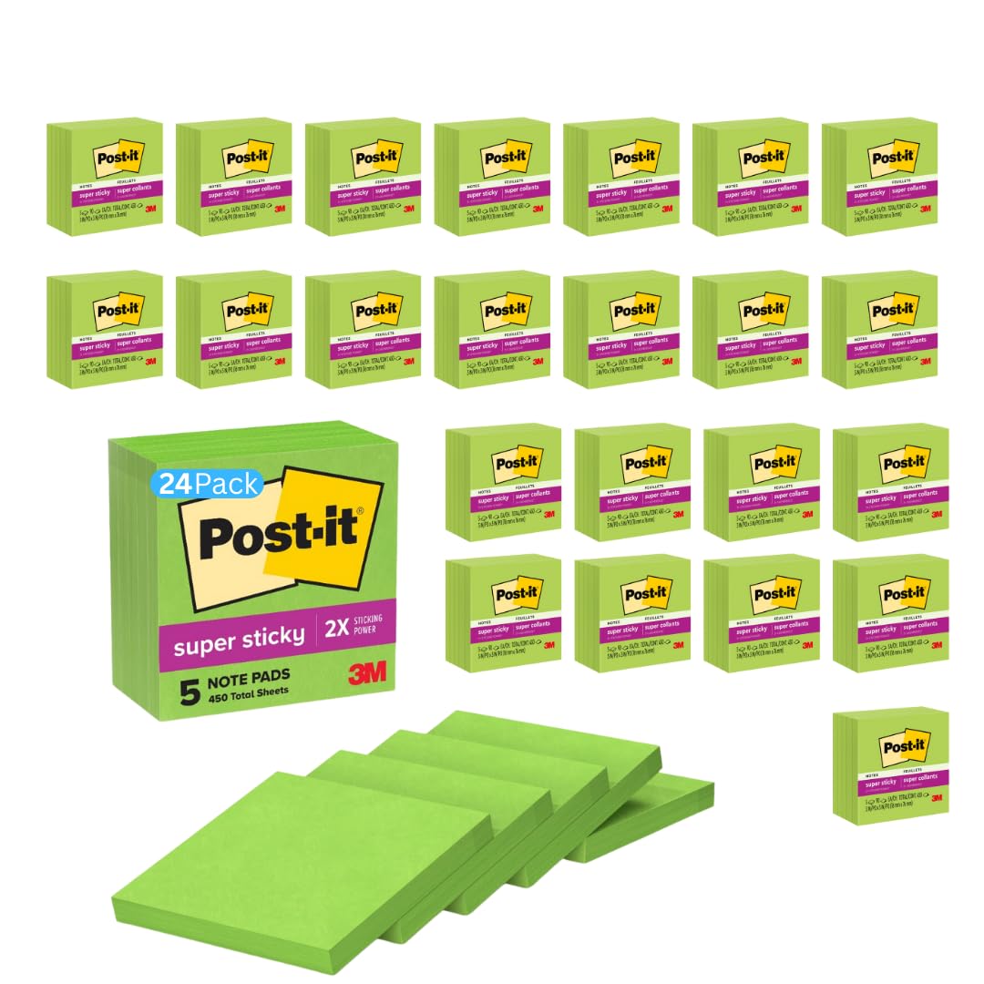 Post-it Super Sticky Notes, 5 Sticky Note Pads, 3 x 3 in., School Supplies, Office Products, Sticky Notes for Vertical Surfaces, Monitors, Walls and Windows, Limeade Green