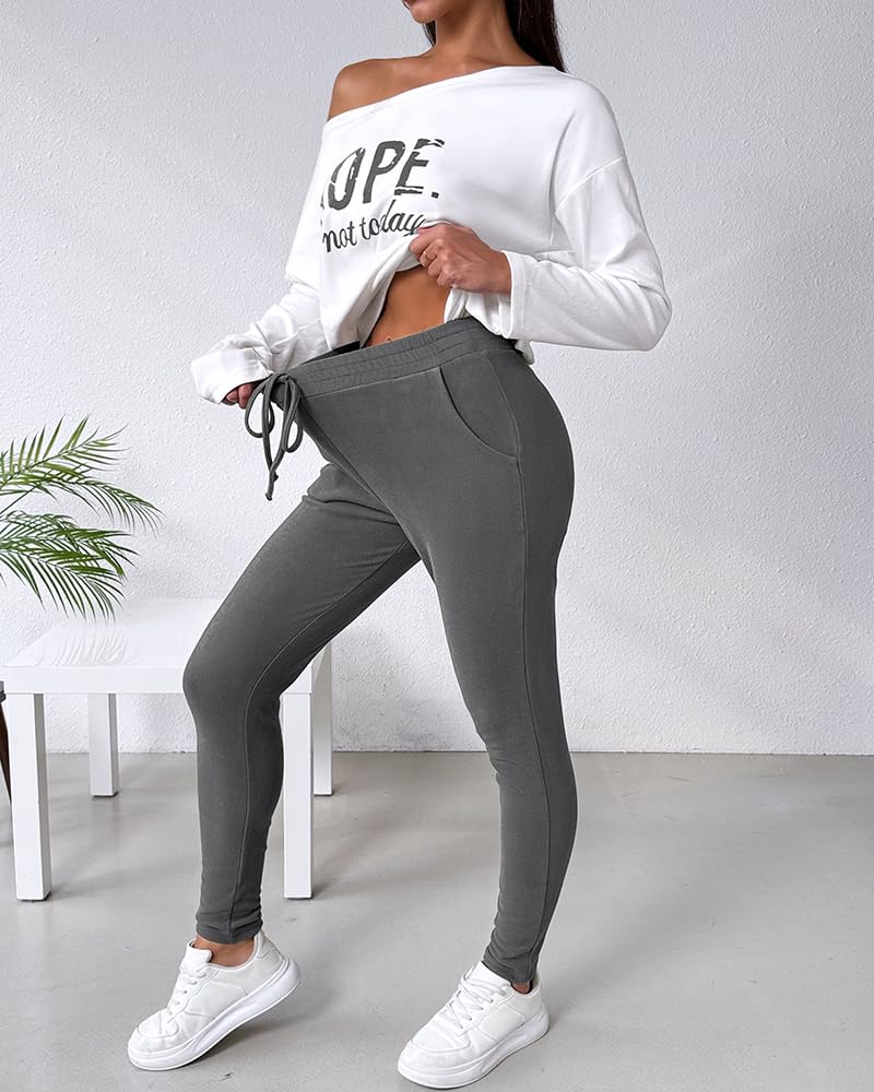 CHICME Women Tracksuit Fall 2 piece Outfits Off The Shoulder Long Sleeve Tops and Pants Set Travel Outfits