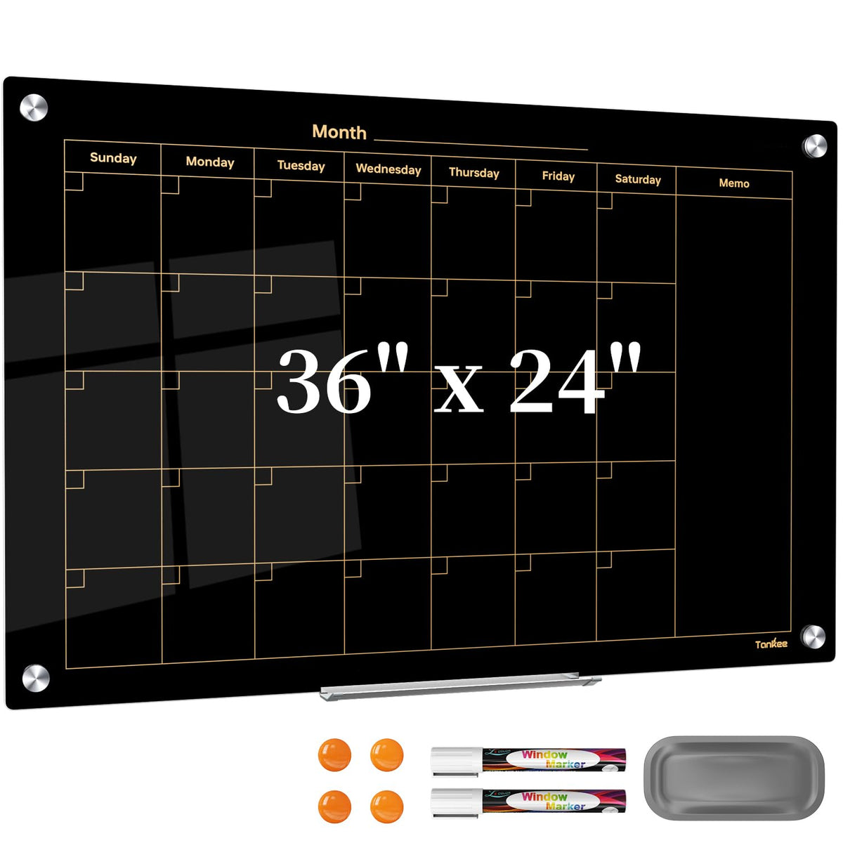 Dry Erase Board Black Magnetic Glass Whiteboard, TANKEE Modern Large Frameless Tempered Glass White Board for Wall, Office, School, Home, 36” x 24”, 3' x 2' White Board