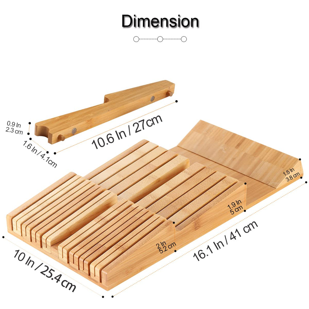 NIUXX Bamboo In-Drawer Knife Block Set for 9 Knives(Not Included), Large Kitchen Detachable Washable Cutlery Slot Organizer Storage Holder for Sharpening Steel and Cutter