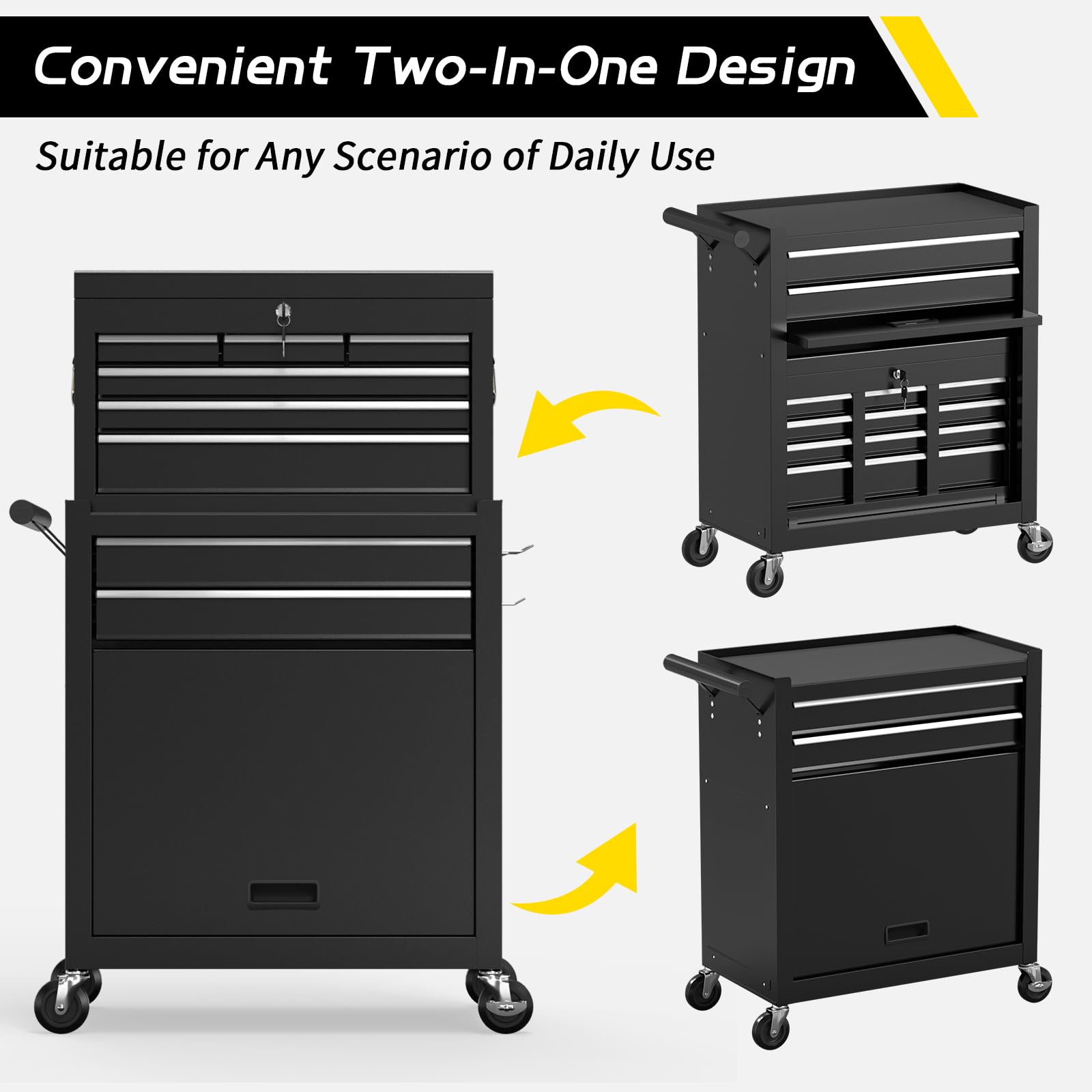 On Shine 8 Drawer Rolling Tool Chest, Large Capacity Rolling Tool Box with Wheels, Locking Mechanical Tool Chest, Portable Tool Box with Sliding Drawers for Garage Workshop and Tool Room (Black)