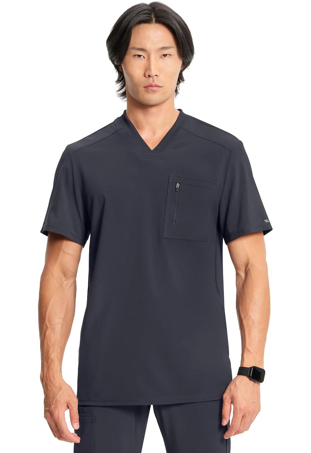 Cherokee Infinity Mens Tuckable V-Neck Scrub Top Modern Fit, 2 Pockets, Zip Chest Pocket, Rib-Knit, 360° Stretch – CK910A