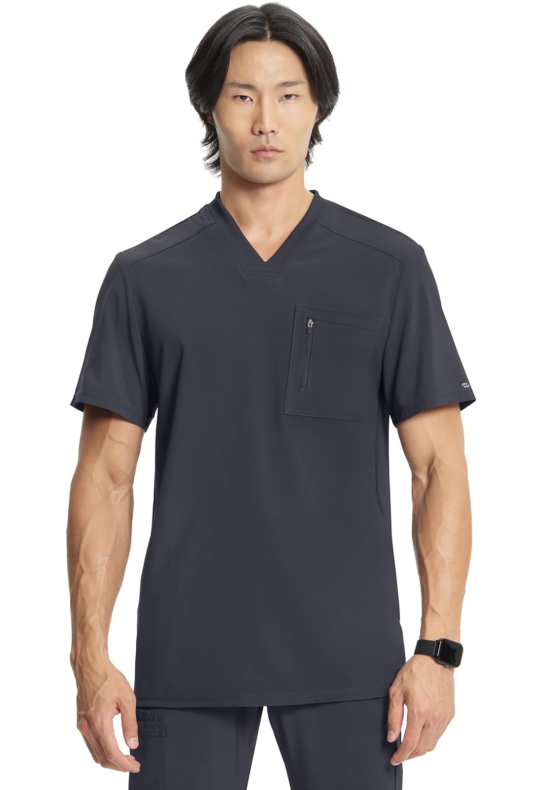 Cherokee Infinity Mens Tuckable V-Neck Scrub Top Modern Fit, 2 Pockets, Zip Chest Pocket, Rib-Knit, 360° Stretch – CK910A