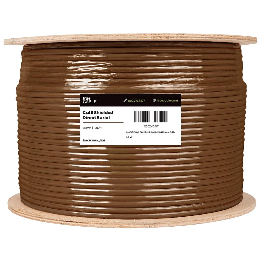 TRUE CABLE Cat6 Direct Burial Outdoor Bulk Ethernet Cable, Shielded F/UTP, 500ft, Brown, 23AWG Solid Bare Copper, Heavy Duty Outdoor, OSP Jacket, Waterproof, UV, 550MHz, PoE++ 100W (4PPoE)