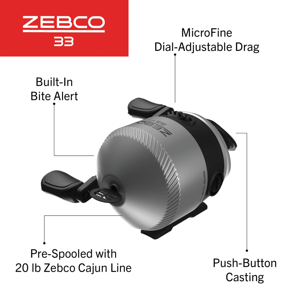 Zebco 33 Spincast Fishing Reel, Changeable Right or Left-Hand Retrieve, Built-in Bite Alert, All-Metal Gears, Pre-Spooled with Zebco Cajun Line