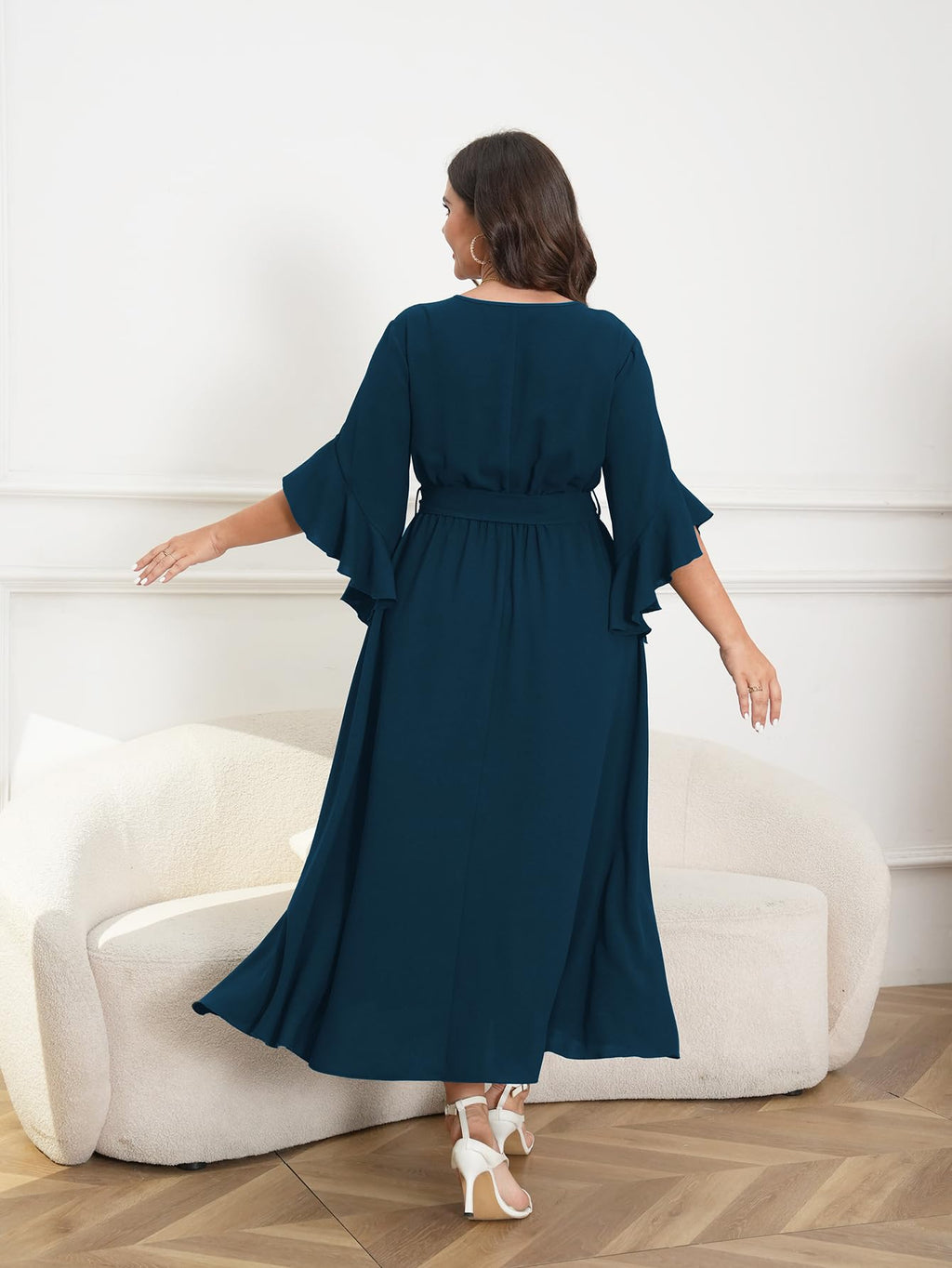Womens Plus Size Dress Wedding Guest Cocktail Ruffle Half Sleeve Wrap V Neck Slit A Line Maxi Dresses with Belt