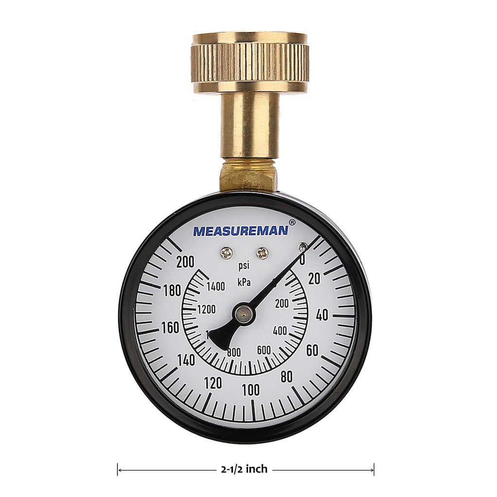 MEASUREMAN 2" Water Pressure Test Gauge, 3/4" Female Hose Thread, 0-200 psi/kpa with Maximum Pressure Memory (Pack of 2)