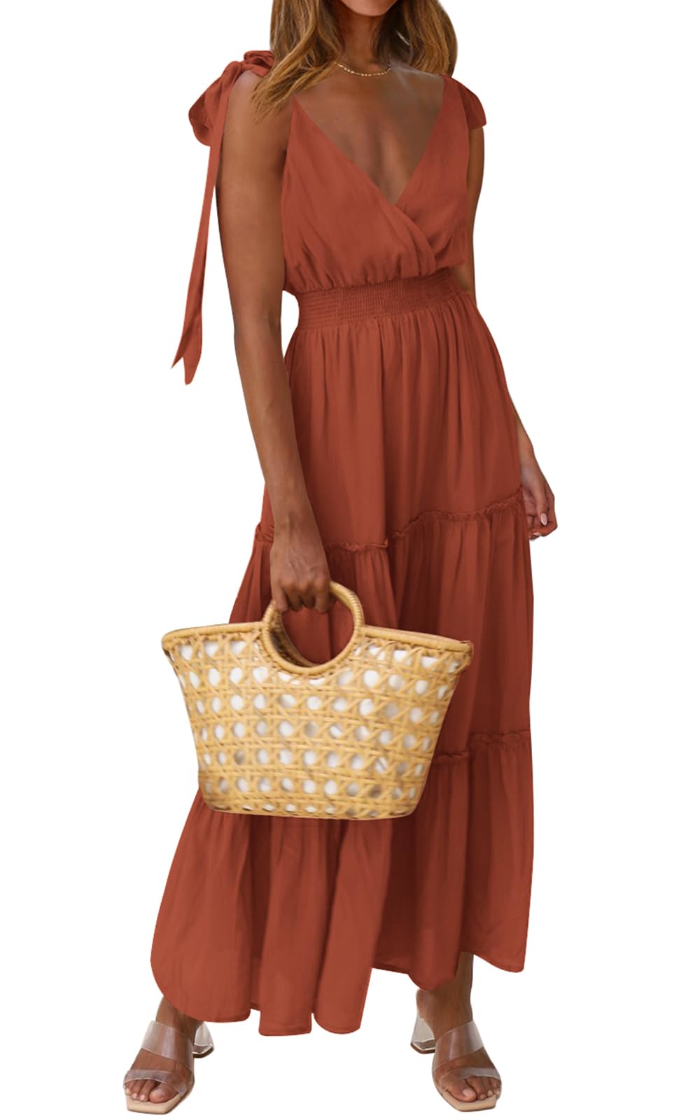 PRETTYGARDEN Women's Cross Neck Summer Sleeveless Tiered Maxi Dress Beach Tie Strap Smocked Long Dresses Pleated Sundress