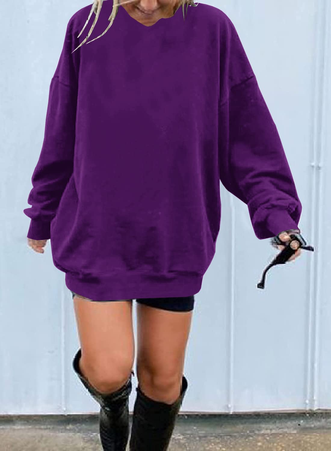 Ebifin Women's Oversized Long Sleeve Sweatshirts Pure Color Round Neck Casual Pullover Shirt