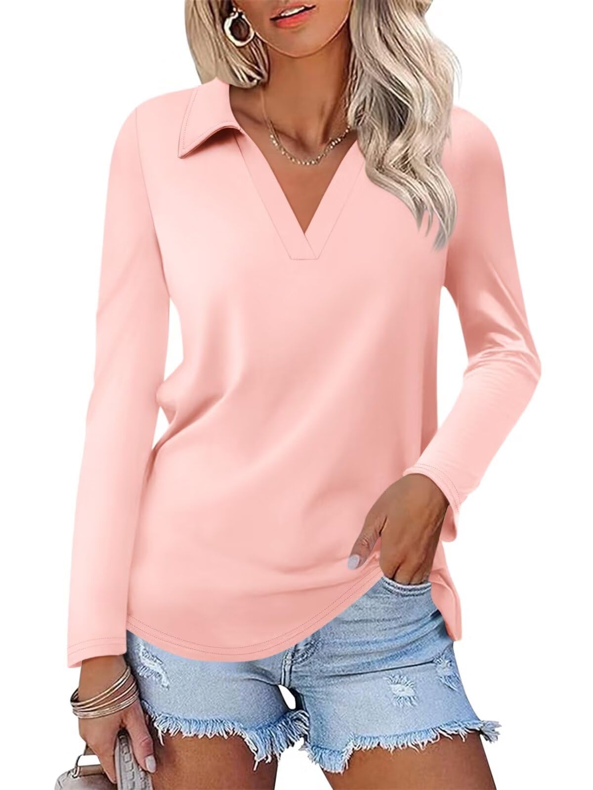ORANDESIGNE Women's Long Sleeve Polo Shirts Casual Color Block V Neck Tops Fall Collar Ladies Tunics Tees