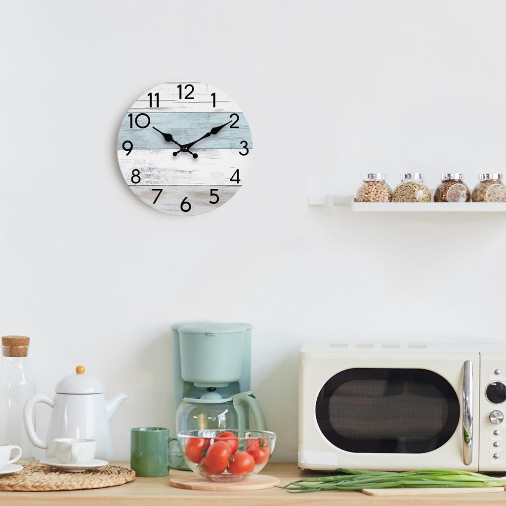 KECYET Wall Clock Silent Non-Ticking Wooden Clocks Battery Operated 8 Inch Small Country Retro Rustic and Beach Style Decorative for Kitchen, Home, Bathroom, Bedroom (Blue)