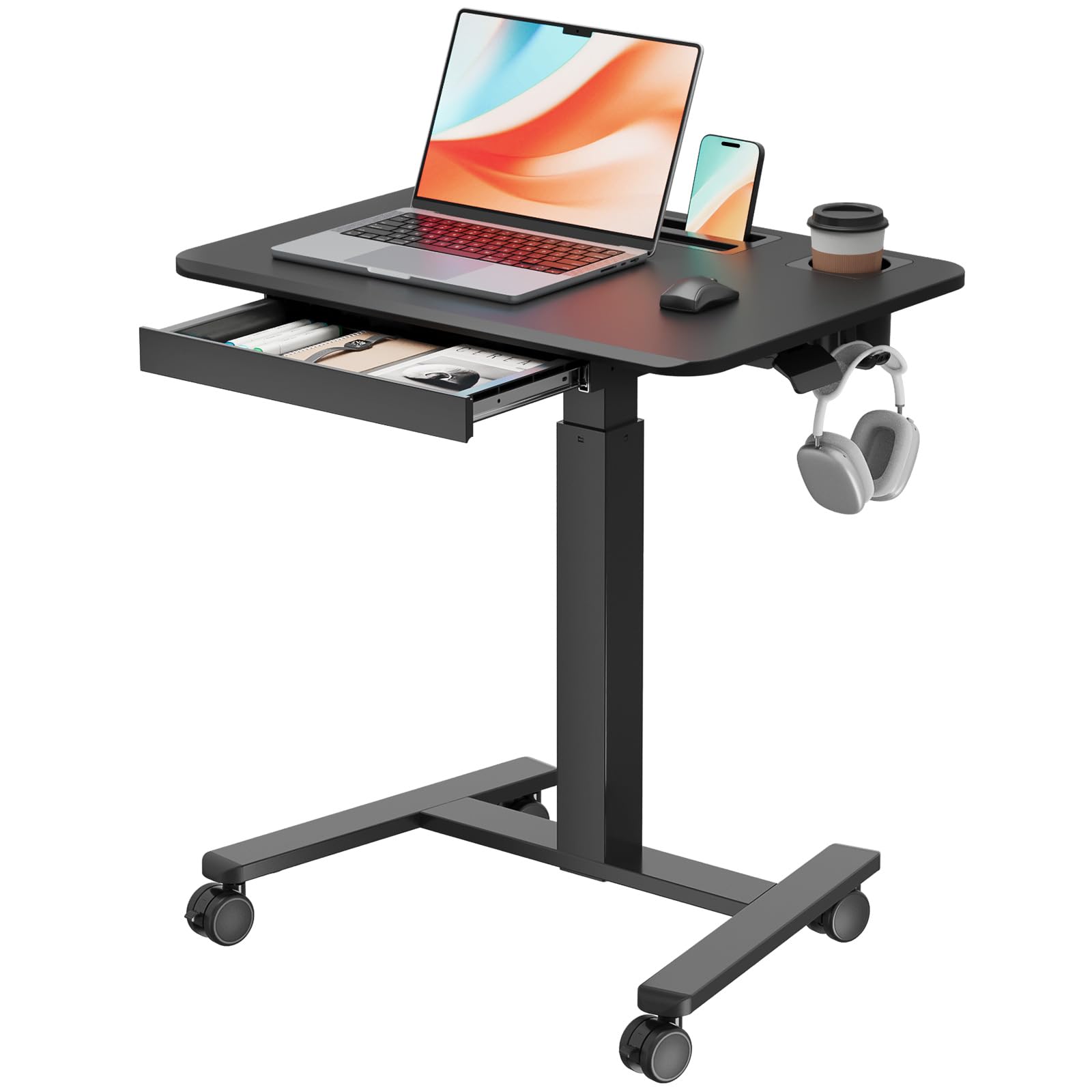 Small Mobile Standing Desk with Drawer, 23.6"x19.7" Rolling Laptop Cart on Wheels, Height Adjustable Sit Stand Computer Workstation with Storage for Compact Space, Black