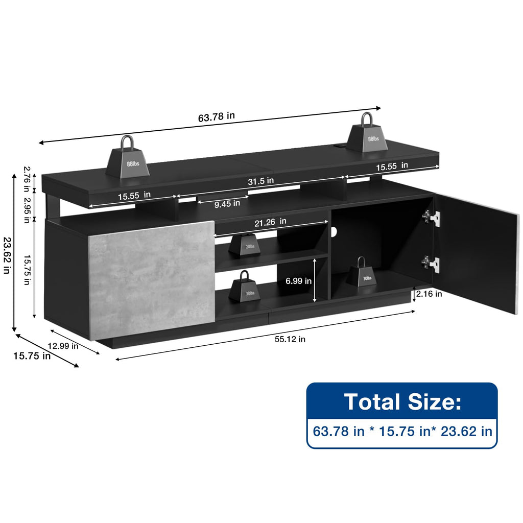 HOMMPA Modern LED TV Stand for 55 Inch TV, Black Tall TV Console with Power Outlet, Entertainment Center with Storage, High Gloss Gaming Media Console Cabinet for Living Room (47 Inch)