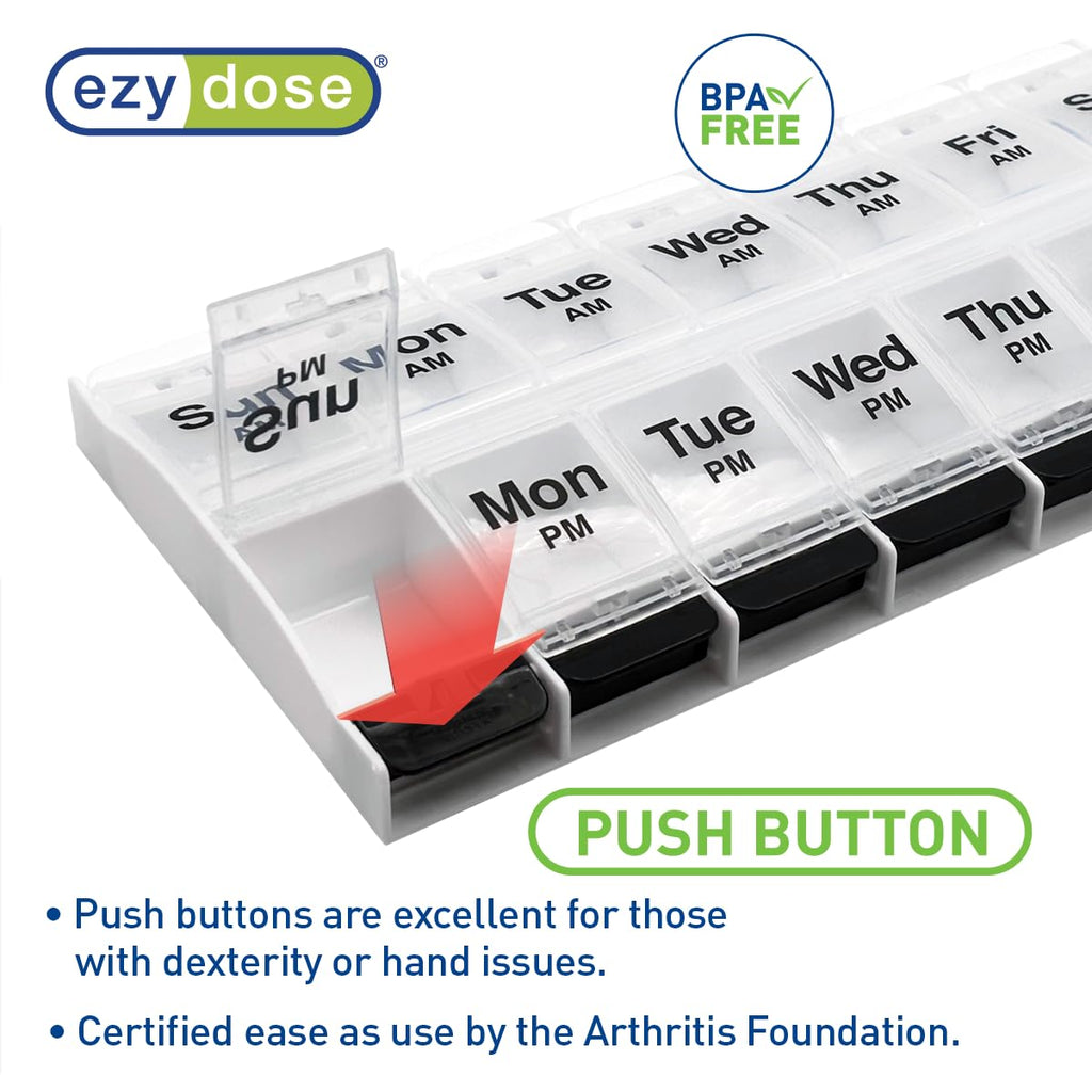 EZY DOSE Push Button (7-Day) Pill Case, Medicine Planner, Vitamin Organizer, 2 Times a Day, AM/PM Container, X-Large Compartments, Arthritis Friendly, Easy to Use, Transparent Lids, Black, BPA Free