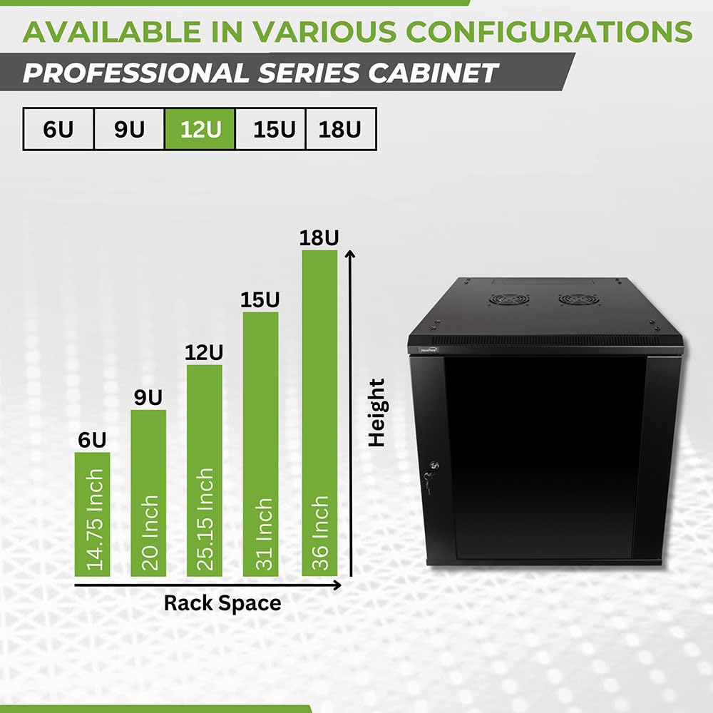 NavePoint 12U Server Rack Enclosure - 23.6” Deep, Wall Mount Network Cabinet with Locking Glass Door for 19” IT Equipment, Network Rack with 2 Fans, Removable Side Panels, Black