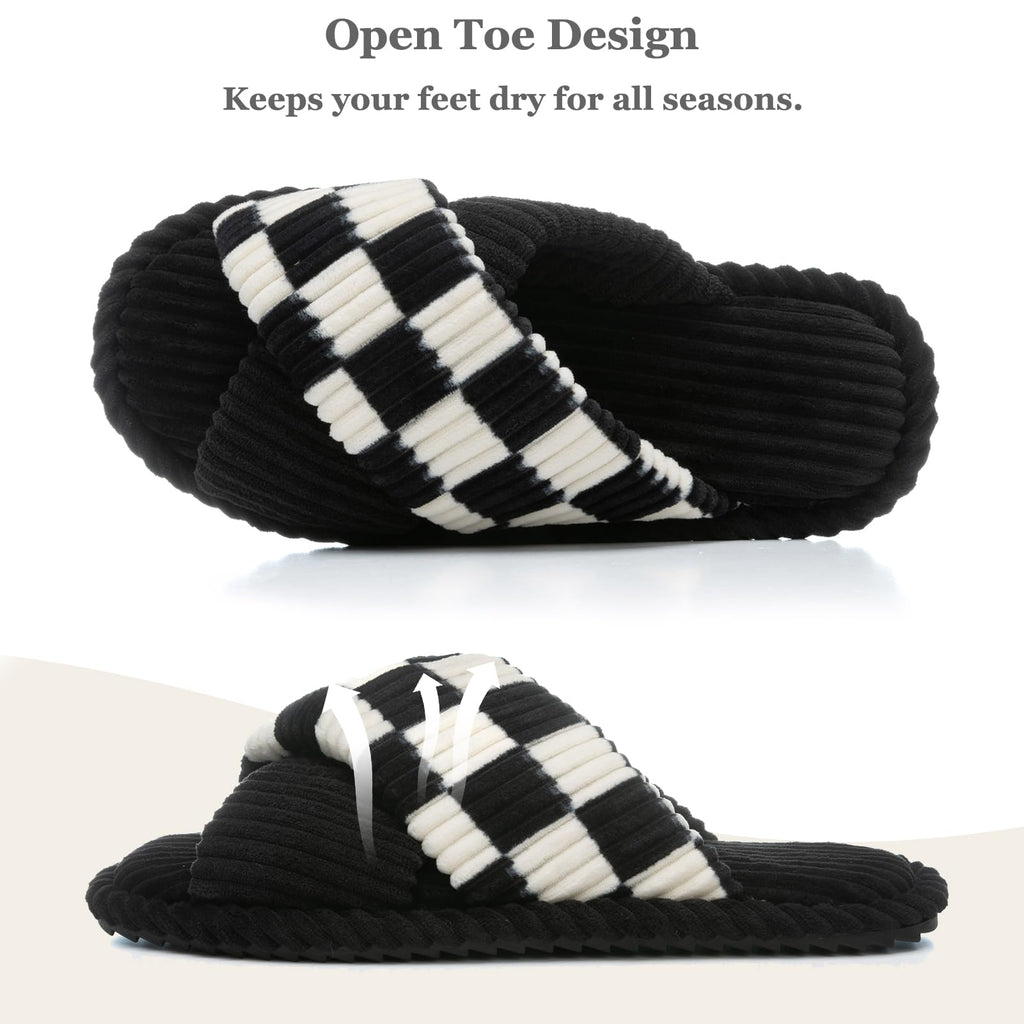 GOEWY Slippers for Women Memory Foam House Bedroom Corduroy Crossbands Open Toe Slides Sandals Shoes Comfy Trendy Gift for womens Anti-Skid sole