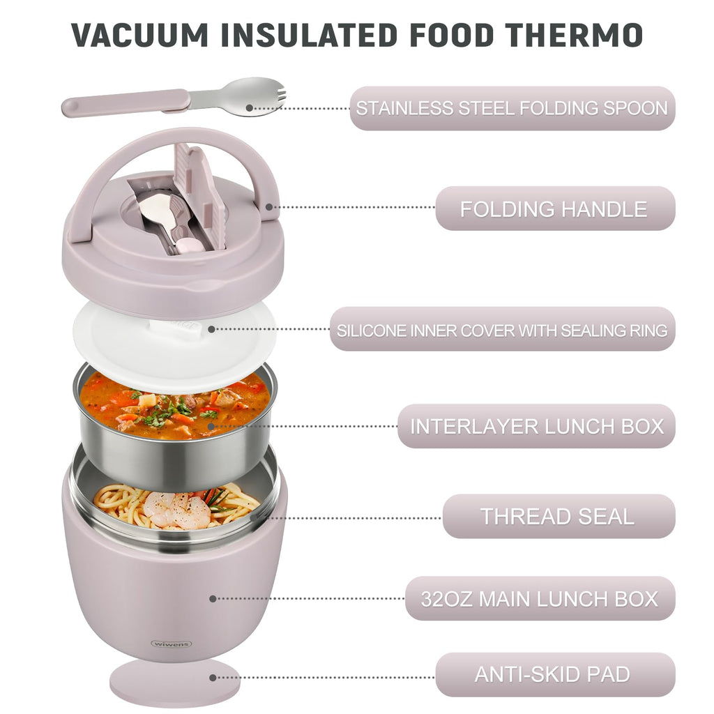 wiwens Thermo Food Jar for Hot Food Adults 32OZ Soup Thermo Lunch Containers Wide Mouth Vacuum Insulated Stainless Steel Leakproof Bento Box with Spoon (Beige)