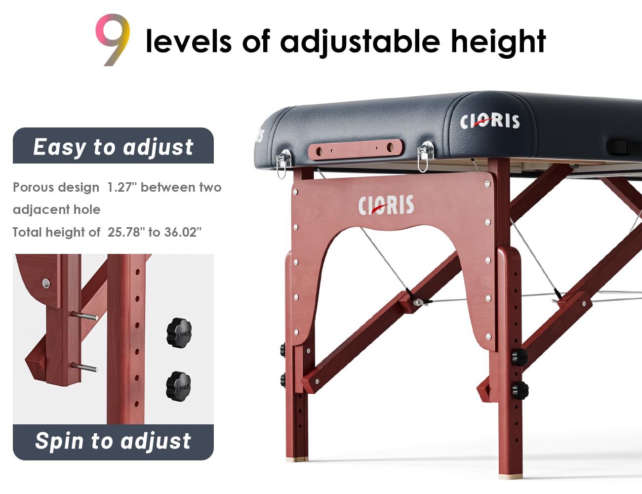 CLORIS 84" Professional Massage Table Portable Reinforced Wooden Leg 2 Folding Lightweight Spa Salon Tattoo Massage Bed Height Adjustable Hold Up to 1100LBS with Carrying Bag Black