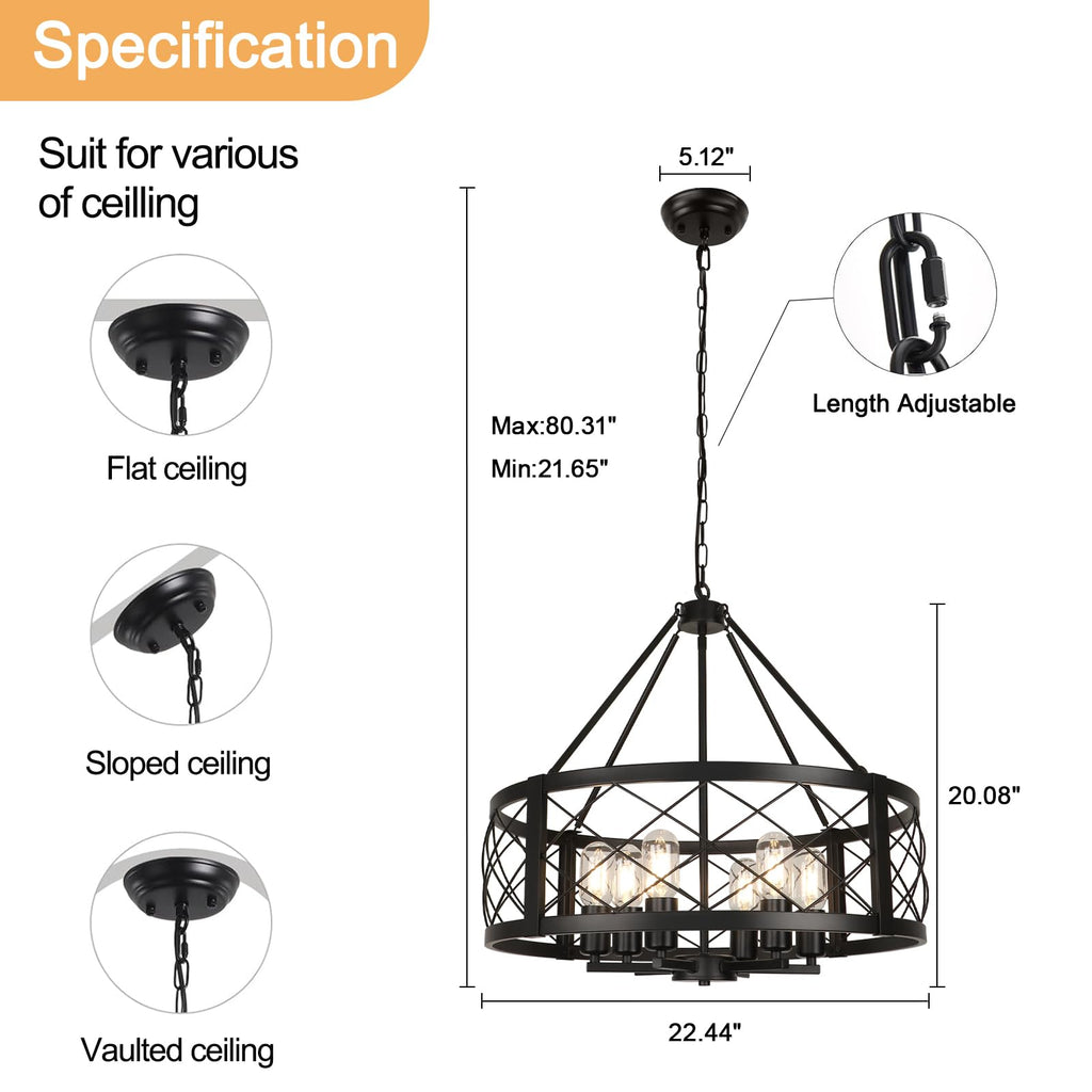 Modern Chandelier for Dining Room, 6-Light Wood Grain Finish Farmhouse Chandelier, 22.5” Rustic Drum Hanging Light Kitchen Island, Round Metal Hanging Light Fixture for Foyer, Entryway, Bedroom