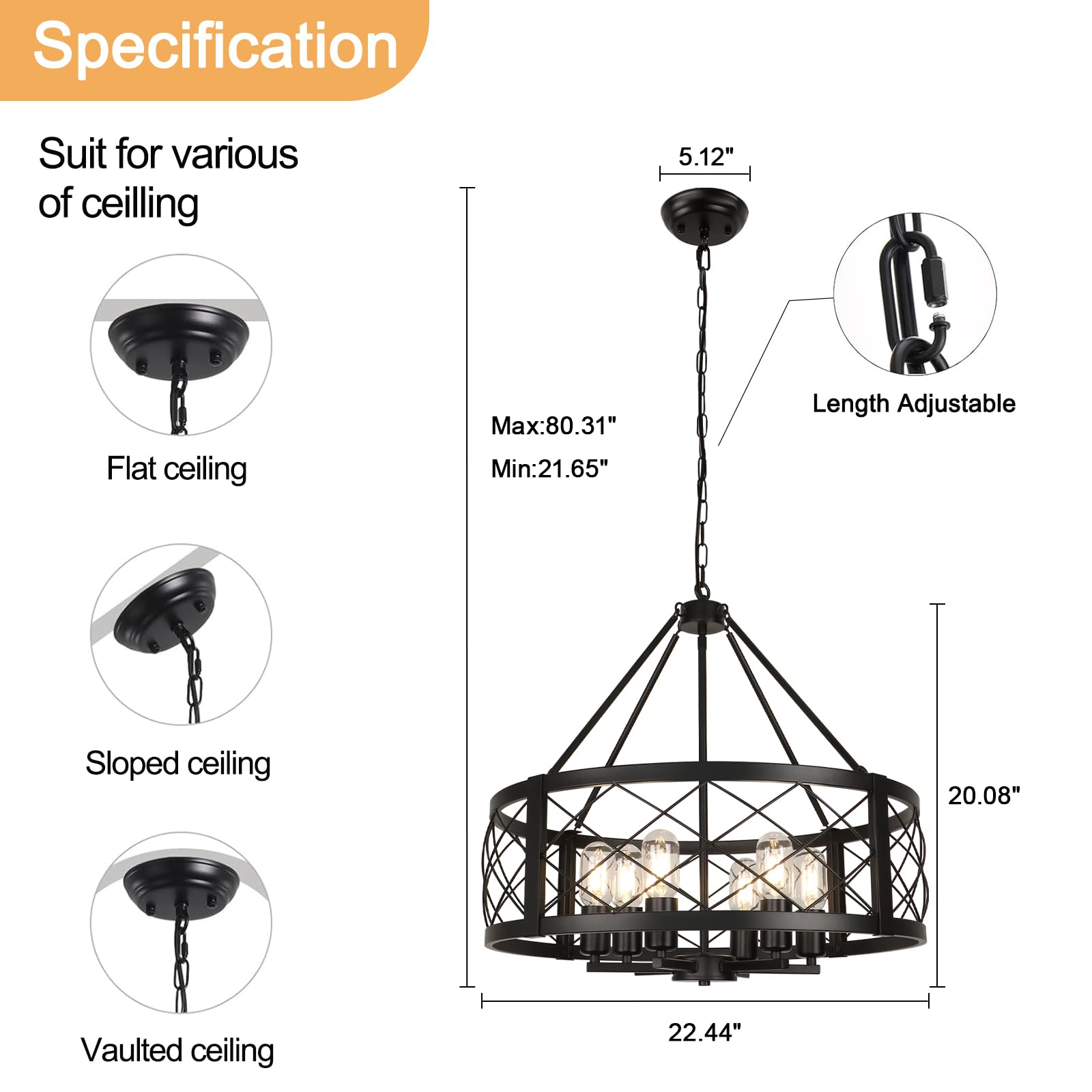 Modern Chandelier for Dining Room, 6-Light Wood Grain Finish Farmhouse Chandelier, 22.5” Rustic Drum Hanging Light Kitchen Island, Round Metal Hanging Light Fixture for Foyer, Entryway, Bedroom
