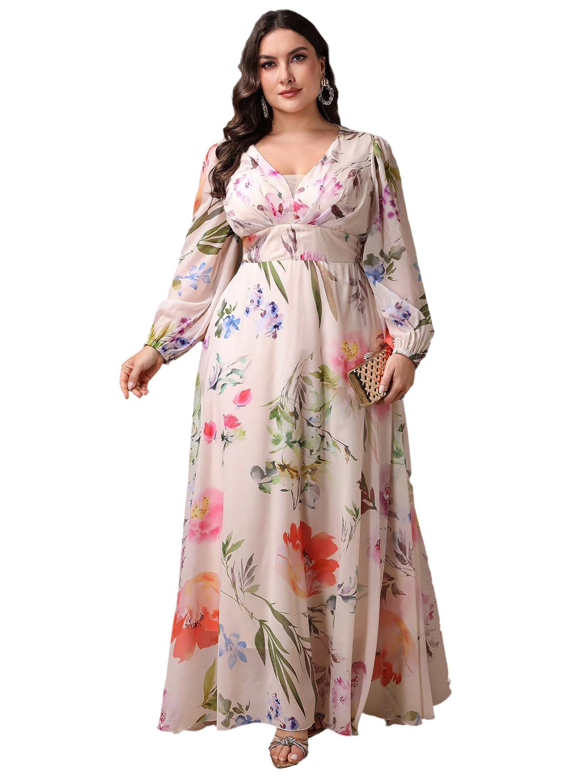 Spring Summer 2024 Plus Size Womens Dresses V Neck Casual Elegant Long Sleeve Floral Print Maxi Dress