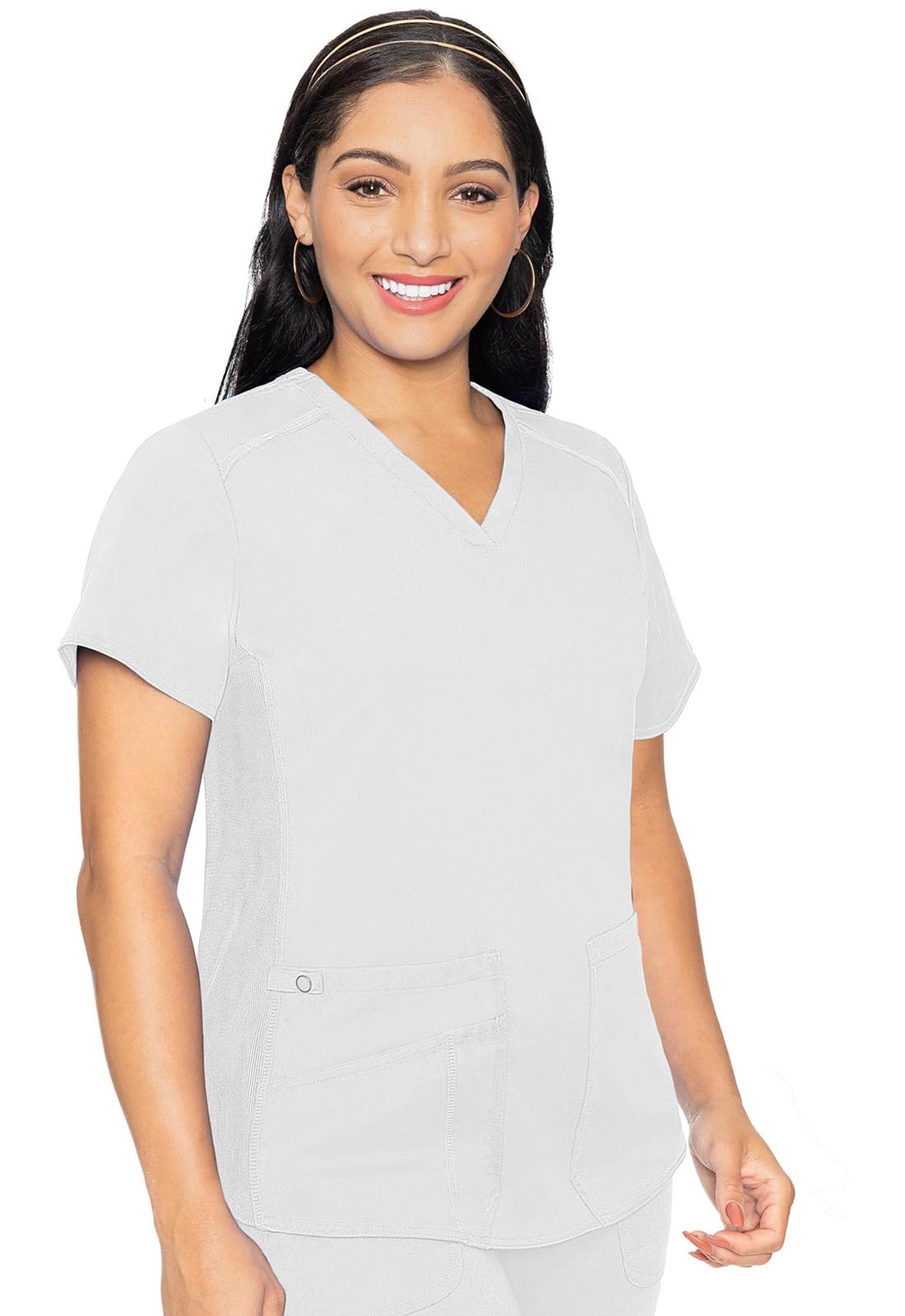 Med Couture V-Neck Scrub Top for Women with 4 Pockets, Rib-Knit Side Panel, and Shirttail Hem MC7459
