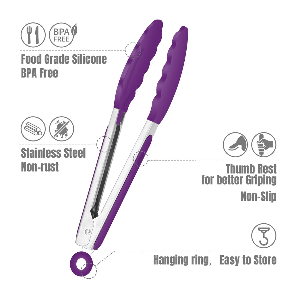 Hotec Mini Silicone Kitchen Tongs for Cooking - 7-Inch Small Serving Tongs with Silicone Tips, Set of 3 (Black)