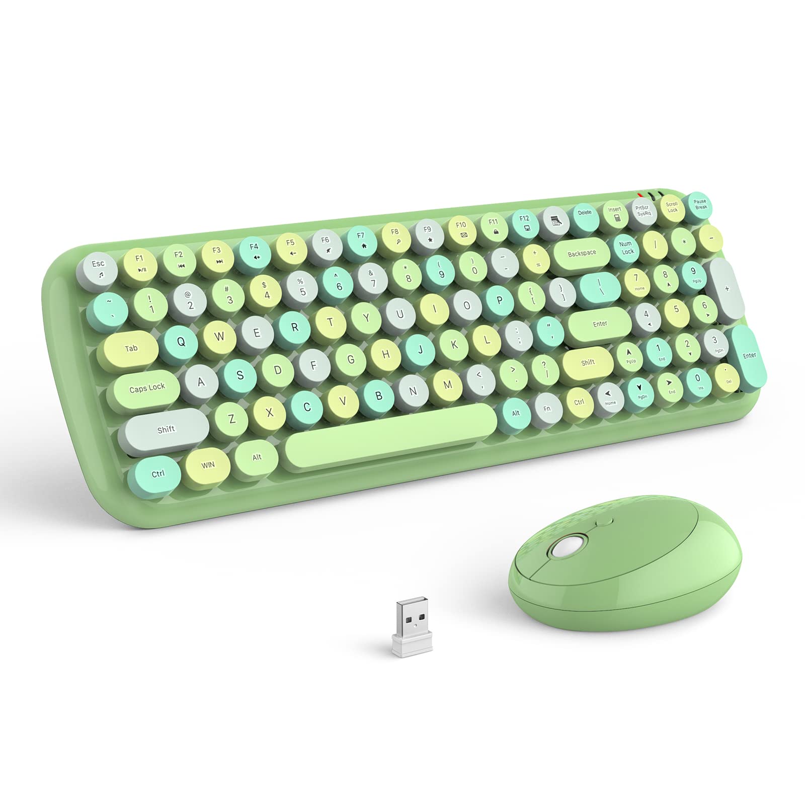 MOFII Wireless Keyboard and Mouse Combo, Compact Typewriter Retro Round Computer Keyboard and Mouse Set, Plug and Play, for Windows, Computer, Desktop, PC, Notebook - Black Green Gradient